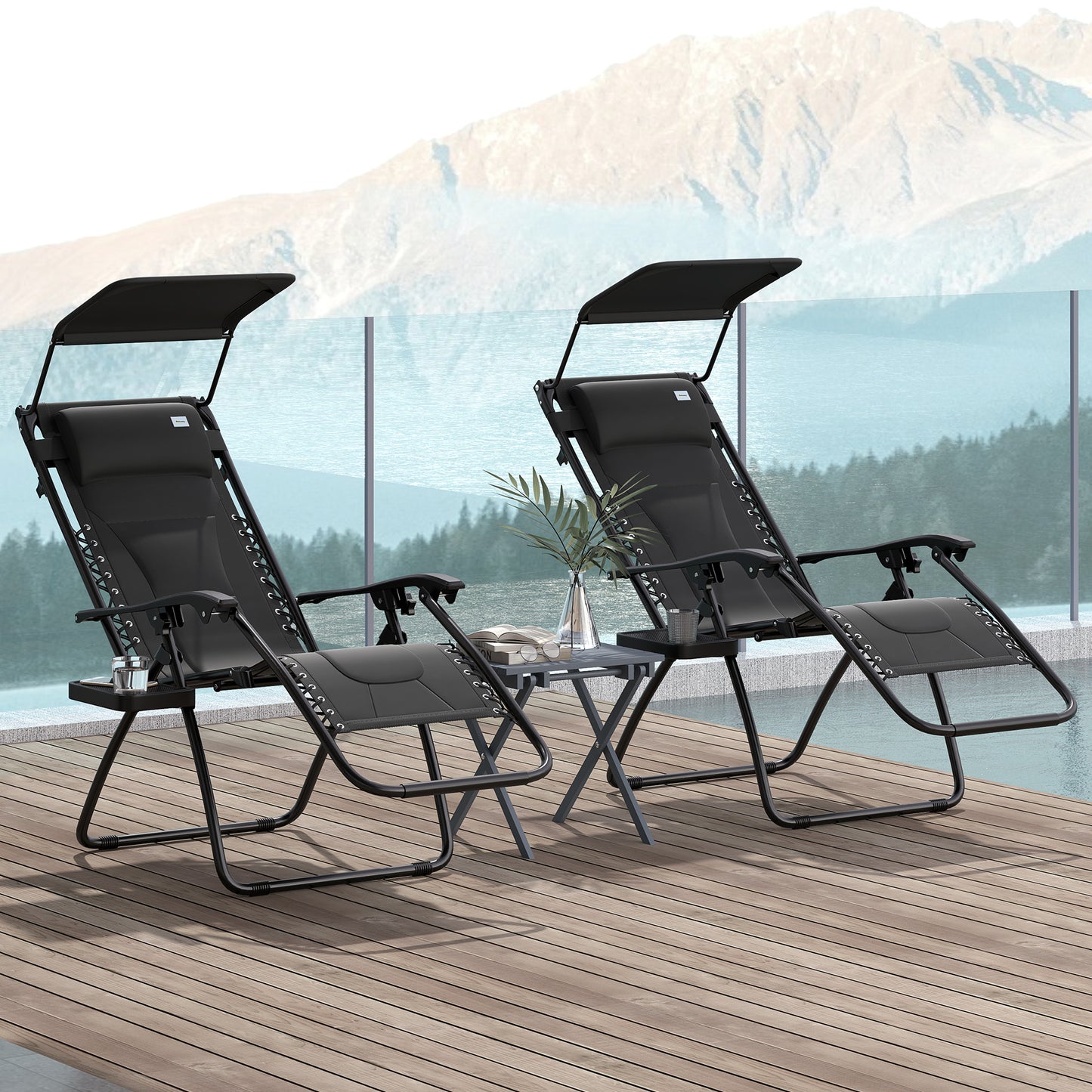 Outsunny Zero Gravity Lounger Chair Set of 2, Folding Reclining Chair with Shade, Cup Holder, Black
