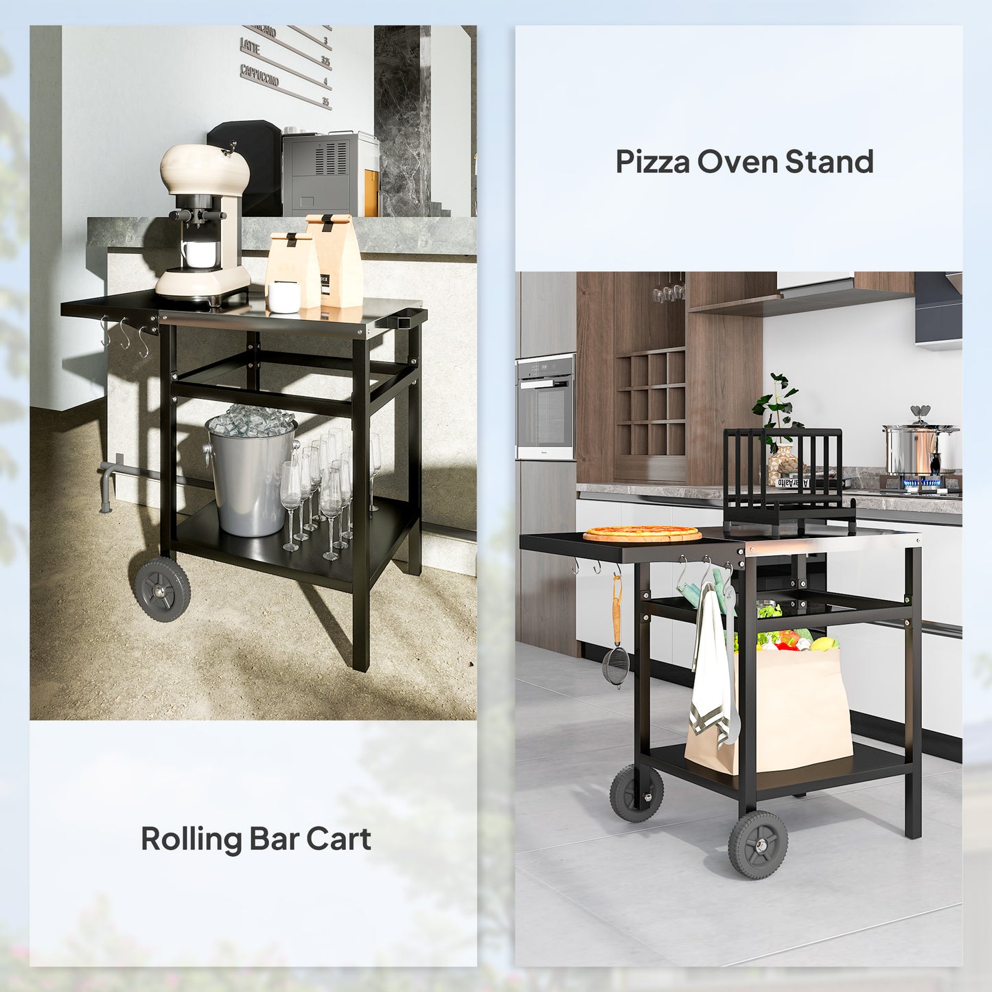 Outsunny BBQ Trolley with Stainless Steel Top, Foldable Side Table, Hooks, Shelf, Pizza Oven Table, Movable Grill Cart with Cover, Black