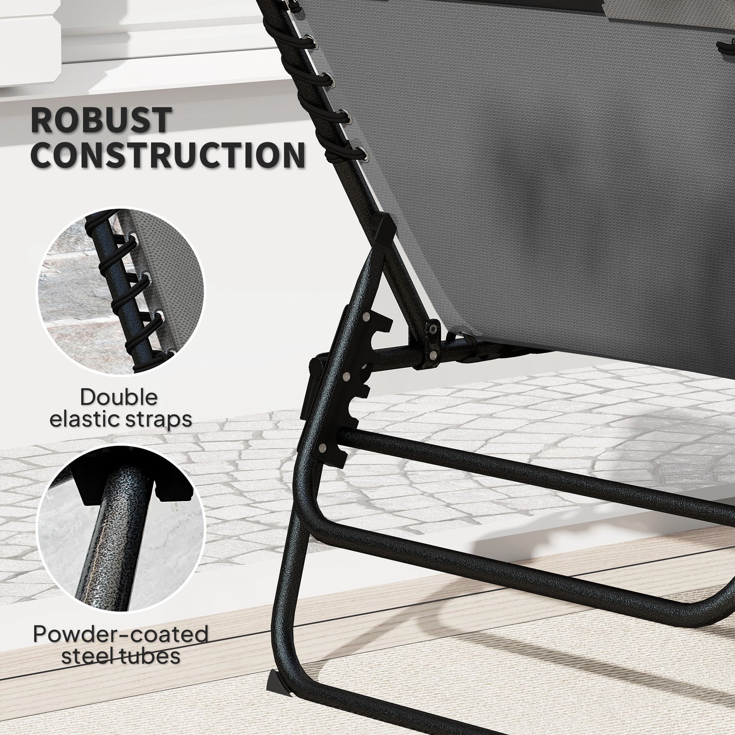 Outsunny Folding Sun Loungers Set of 2, Recliner Garden Chairs with Pad, Headrest & Pocket, Charcoal Grey