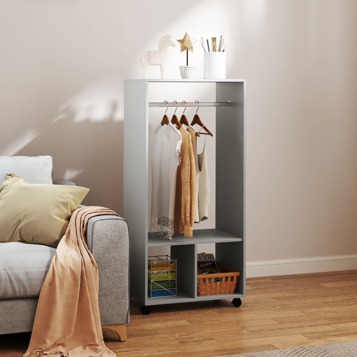 HOMCOM Open Wardrobe for Bedroom, Small Wardrobe on Wheels with Clothes Rail