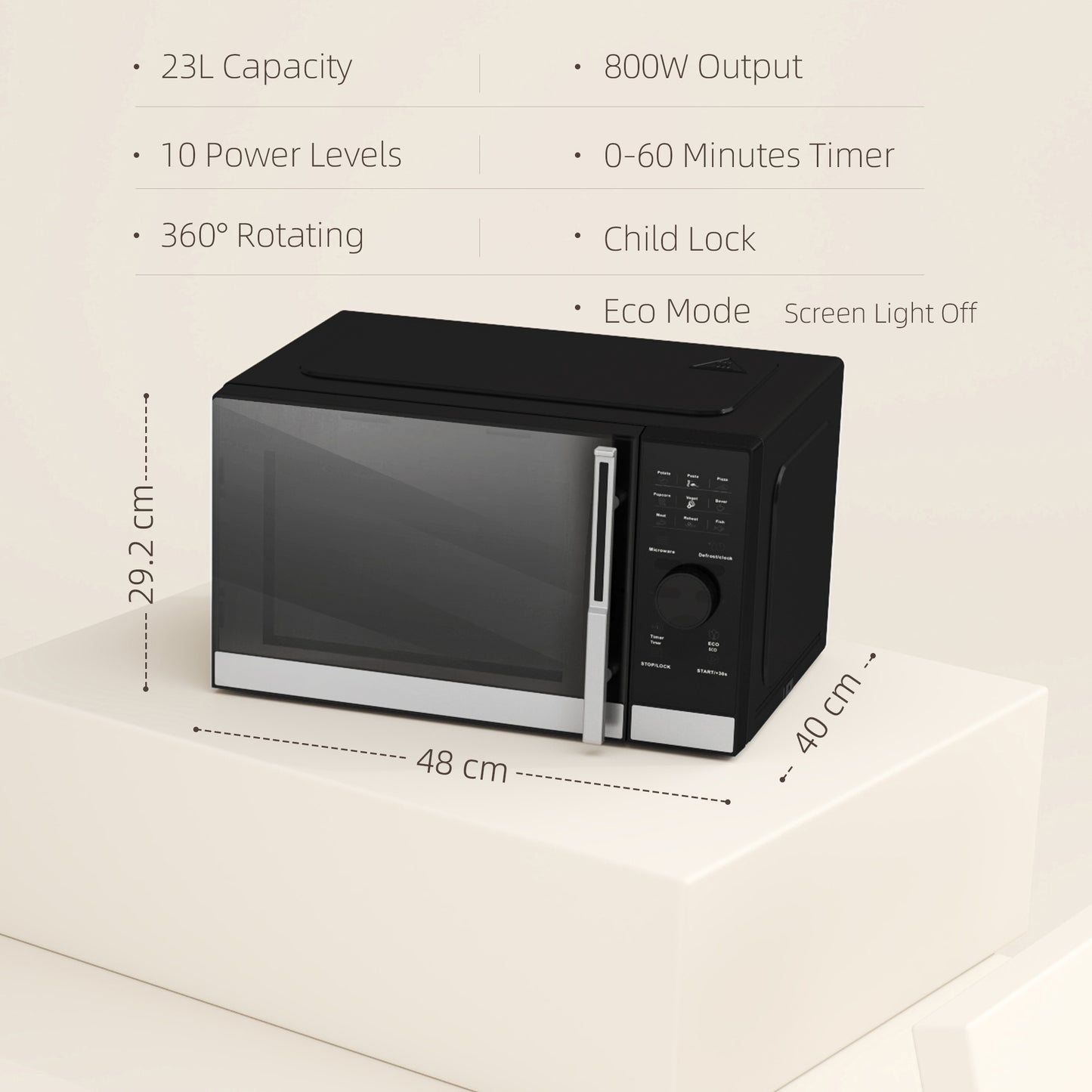 HOMCOM 23L 800W Digital Solo Microwave, 10 Power Levels, Auto Defrost, 8 Cook Menus, Timer, Black