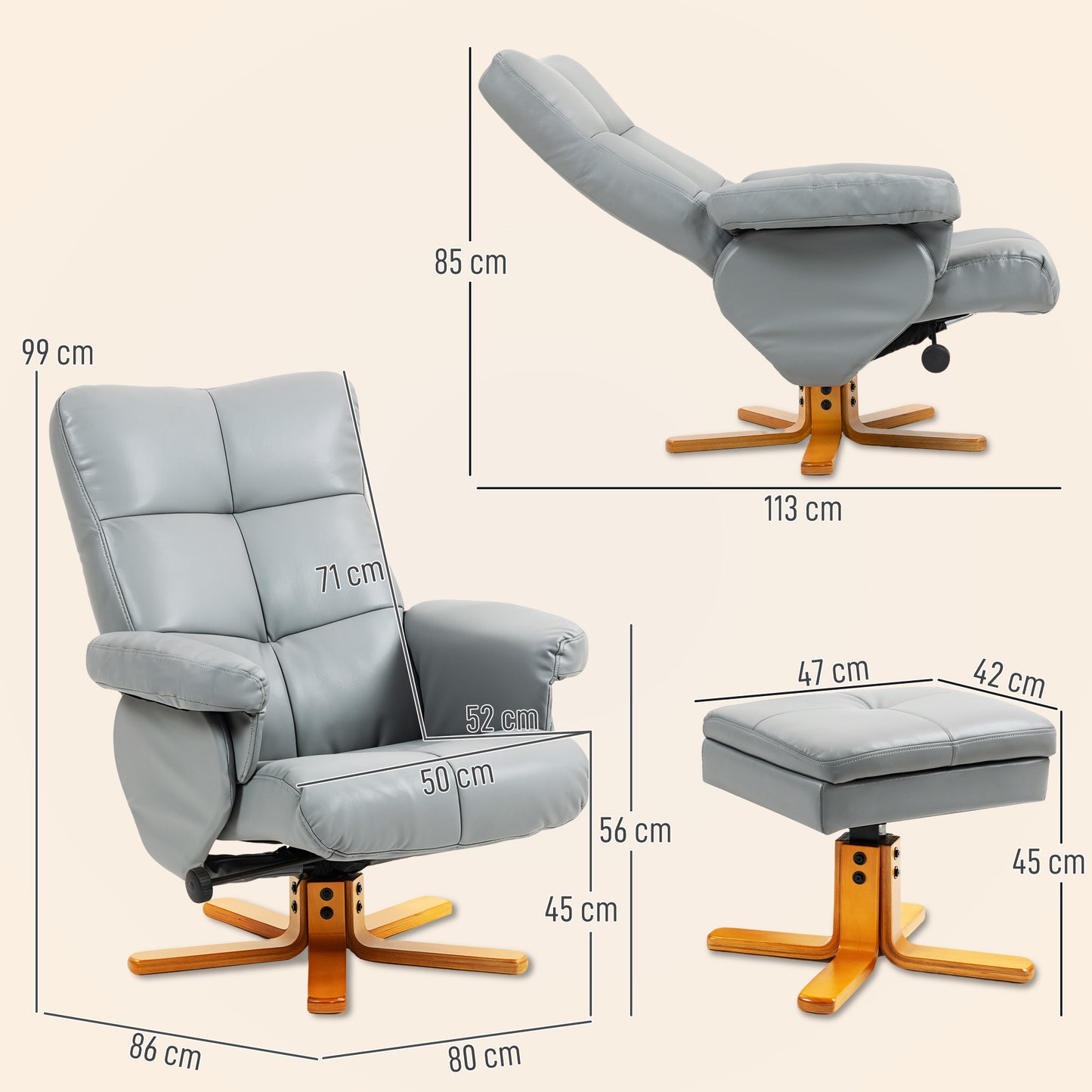 HOMCOM Recliner Armchair, Swivel Chair with Ottoman, Faux Leather, Wooden Base, Storage Footstool for Living Room, Light Grey