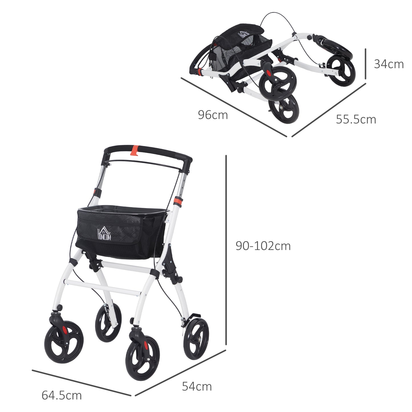 HOMCOM Upright Rollator Walker with Seat, Tray, Storage Bag, 4 Wheels, White