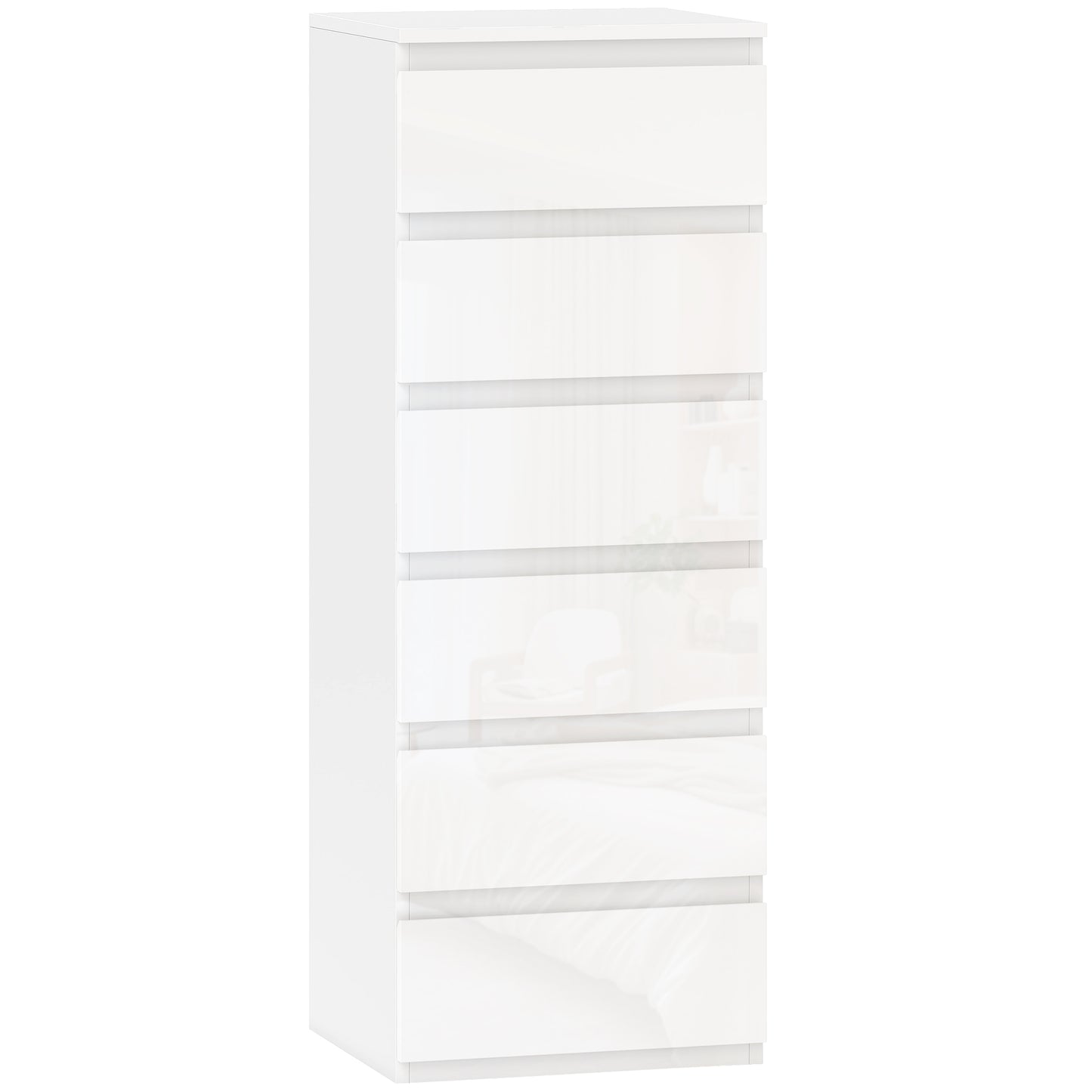 HOMCOM Chest of Drawers High Gloss Finish 6 Drawer Dresser Space Saving Slim Design Handle Free Drawers High-Gloss White