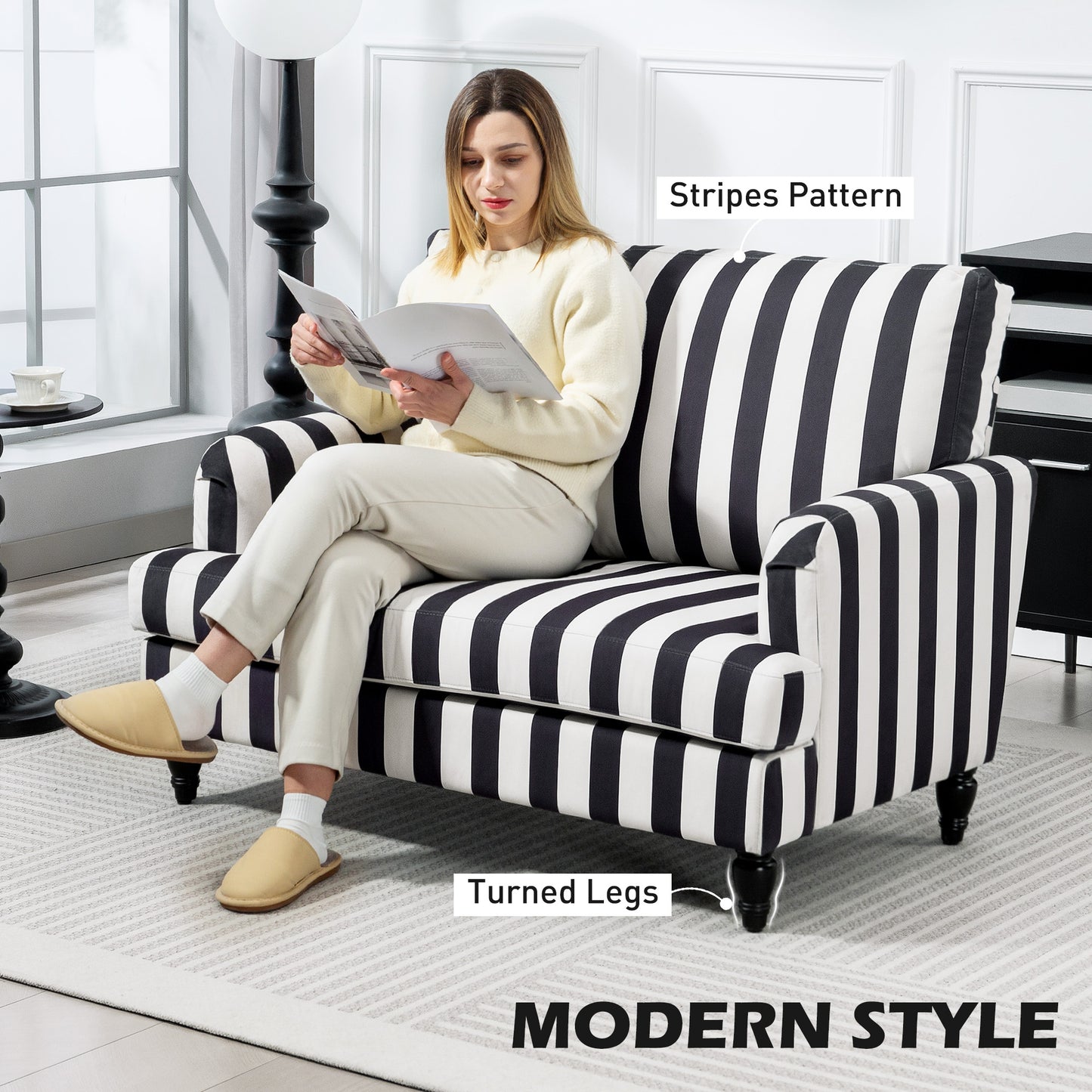 HOMCOM Modern Cuddle Chair, Velvet Single Sofa Armchair with Stripe, Turned Legs, Wide Seat, Upholstered Snuggle Chair, Black and White