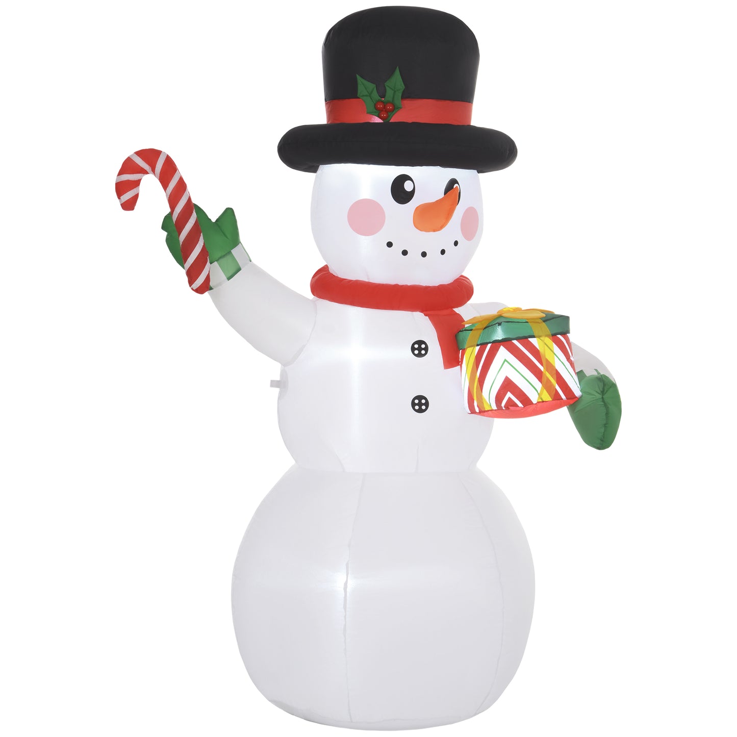 Outsunny 6FT Christmas Inflatable Snowman with Candy Cane and Gift Box, Christmas Blow Up Snowman with Built-in LED Light for Indoor, Outdoor, Party