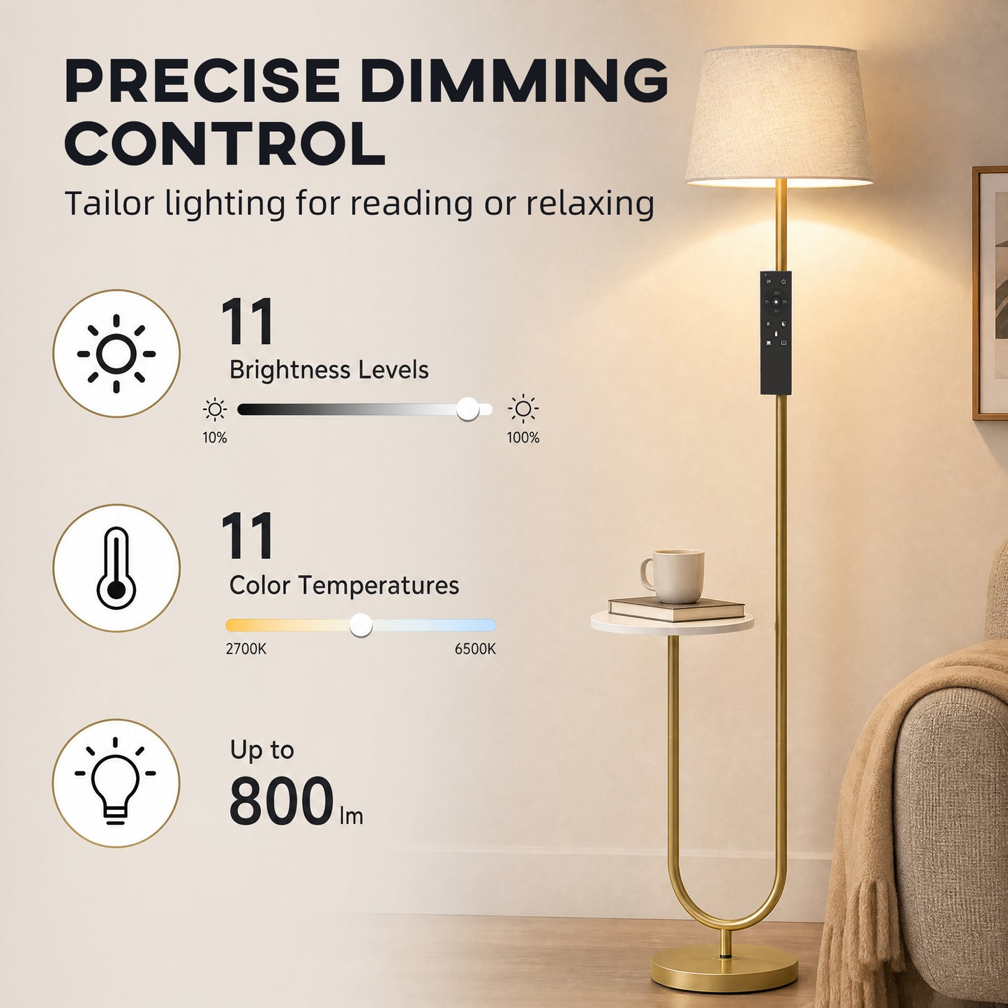 HOMCOM Modern Floor Lamp with Shelf, Dimmable Floor Lamp with Linen Shade, RF Remote and Foot Switch for Living Room, Gold Tone