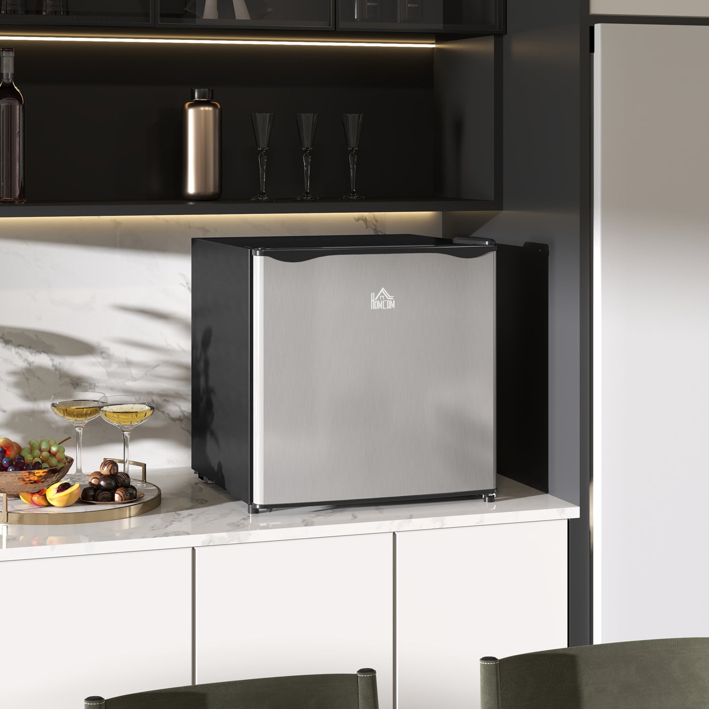 HOMCOM 46L Table Top Mini Fridge with Ice Box, Reversible Door, Adjustable Temp and Legs for Bedrooms/Home Office, Silver Tone