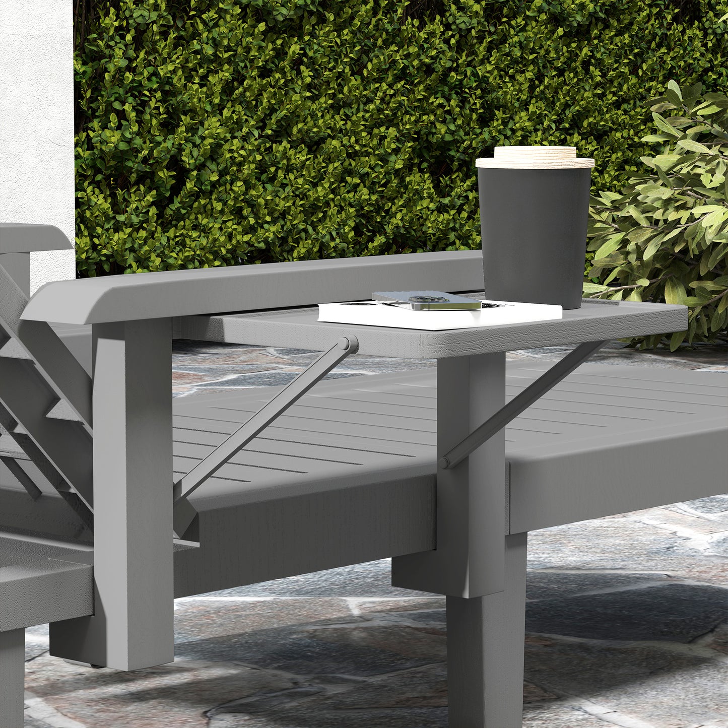 Outsunny Set of 2 Resin Reclining Sun Loungers, 5 Positions Adjustable Chaise Lounge with Armrests, Foldable Side Table, Dark Grey