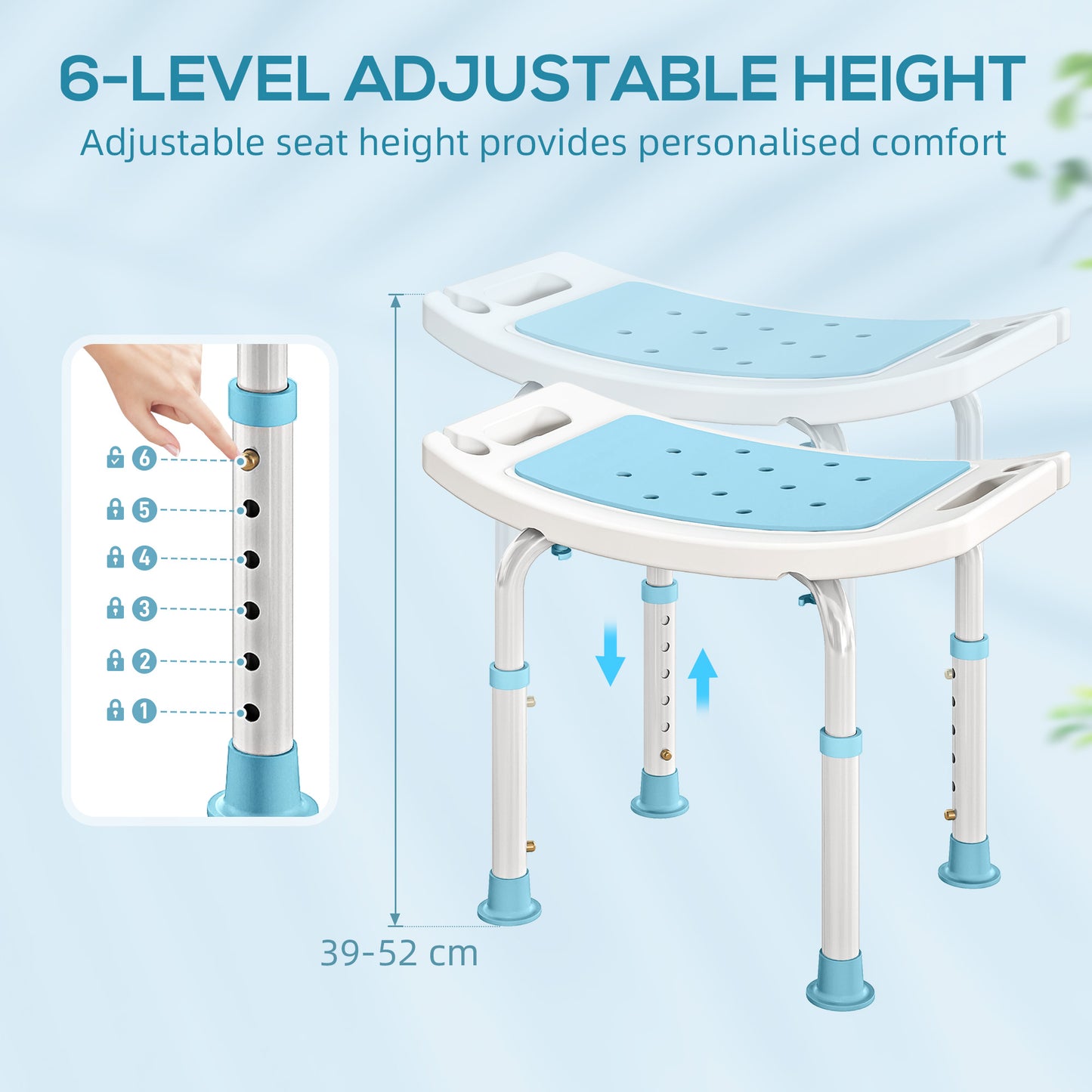 HOMCOM Adjustable Height Shower Chair with Aluminium Frame, Non-Slip Feet for Elderly/Disabled, Turquoise
