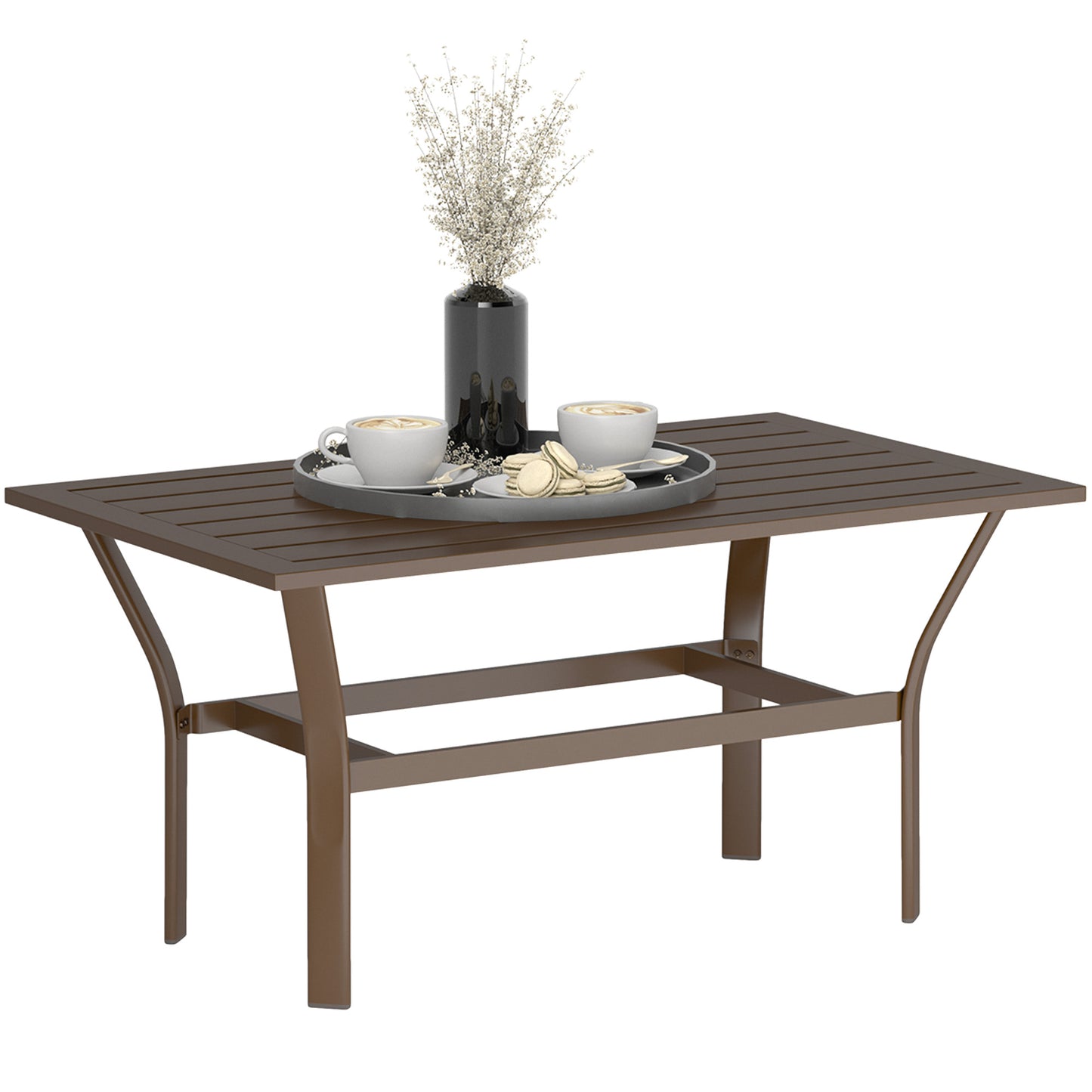 Outsunny Metal Garden Coffee Table, Rectangular Outdoor Side Table with Slatted Tabletop and Foot Pads for Garden or Porch, Brown