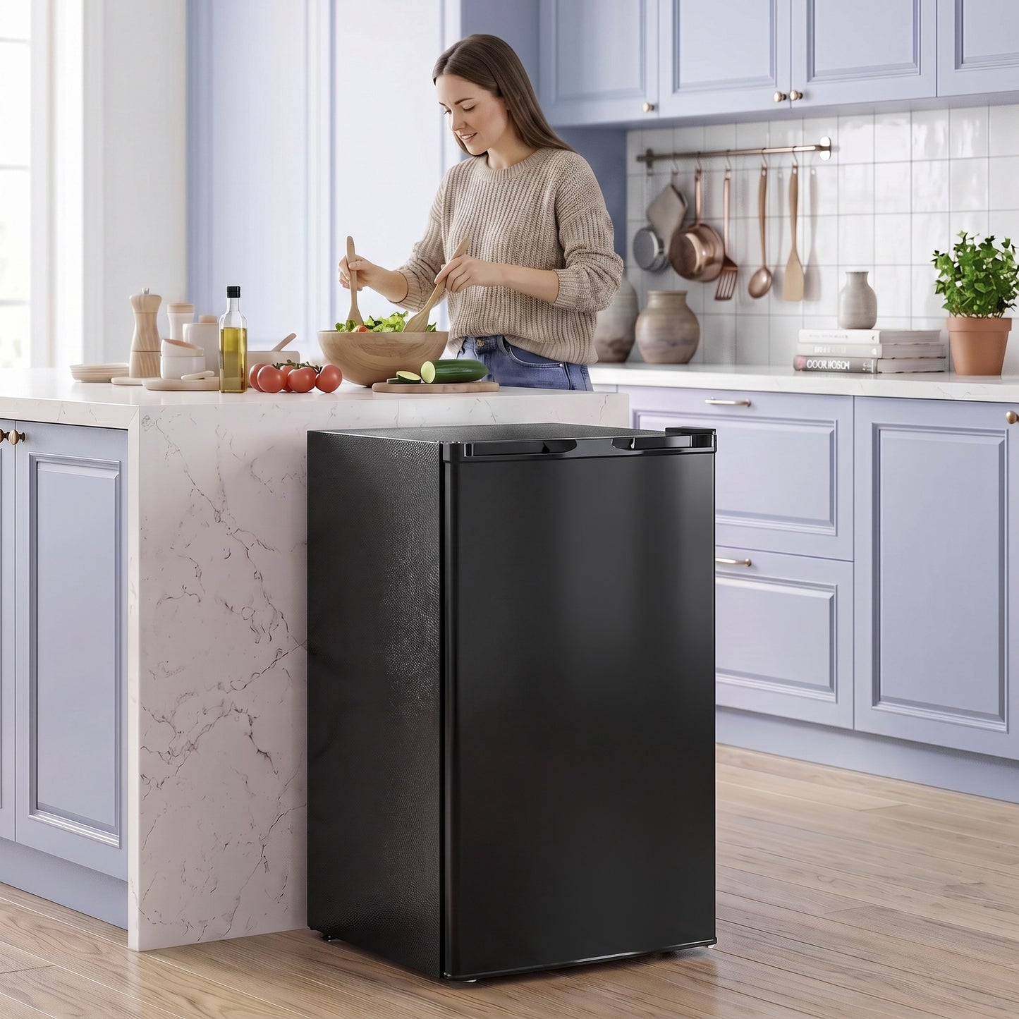 HOMCOM 85L Mini Freezer Countertop, Compact Freestanding Upright Freezer with Reversible Door, Removable Glass Shelves, Black