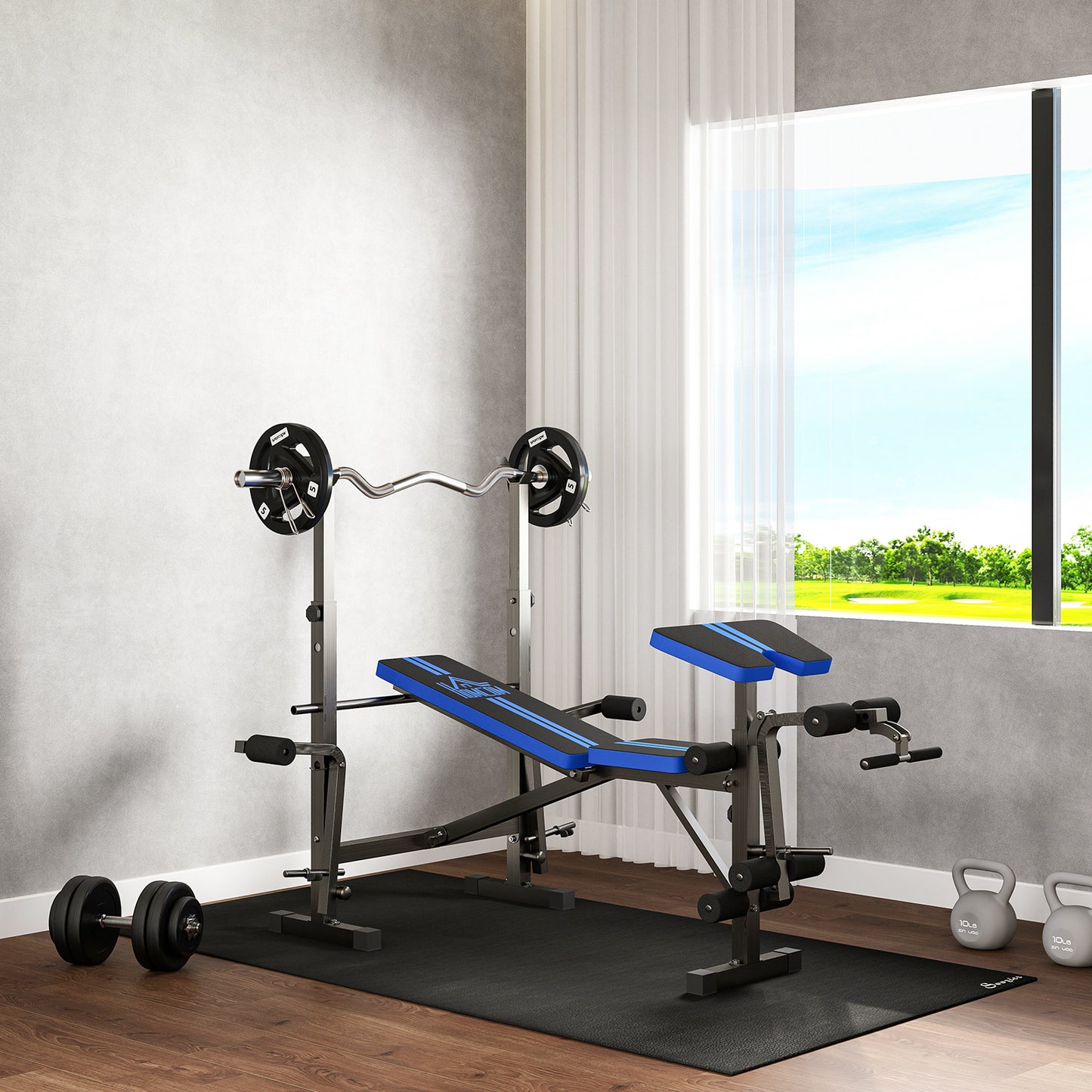 HOMCOM Adjustable Weight Bench with Leg Developer & Barbell Rack for Strength Training, Multifunctional Home Gym Workout Station, Blue
