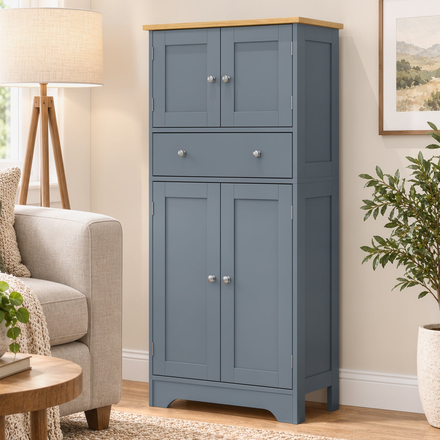 HOMCOM Kitchen Cupboard, Modern Freestanding Kitchen Storage Cabinet with Doors and Shelves, Grey Blue