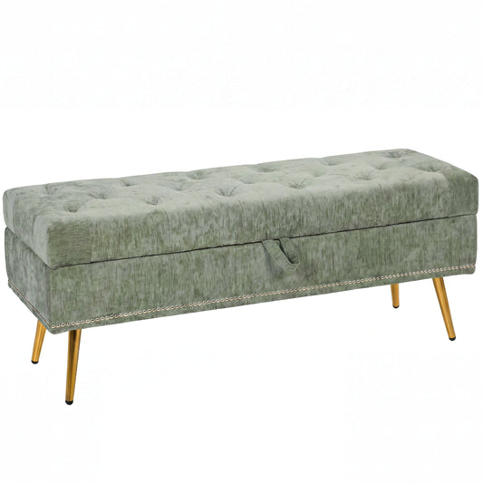HOMCOM Storage Ottoman, Chenille Upholstered Ottoman Storage Box with Padded Seat, Metal Legs, 114 x 41 x 45 cm, Light Green
