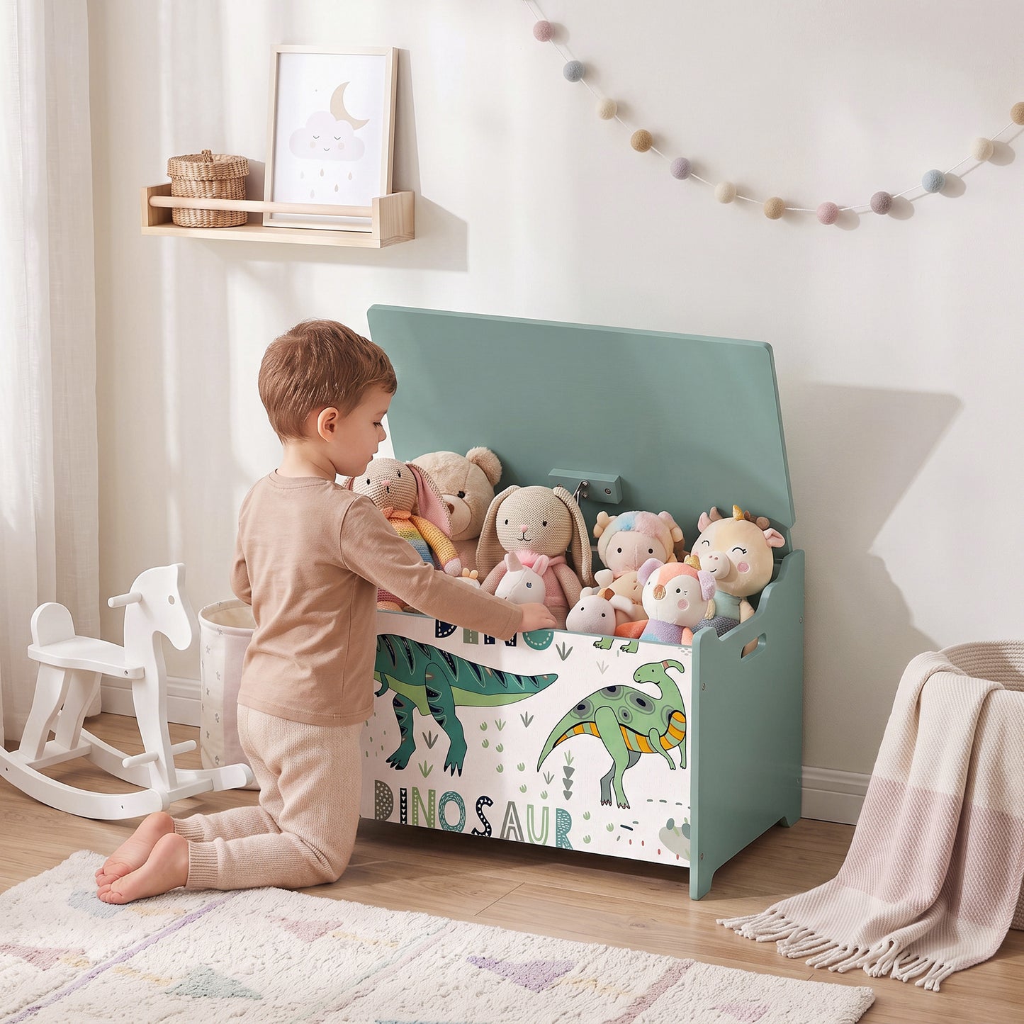 AIYAPLAY Storage Chest, Wooden Toy Chest with Lid, Flip-Top, Security Hinges and Anti-Pinch Design for Kids, Green