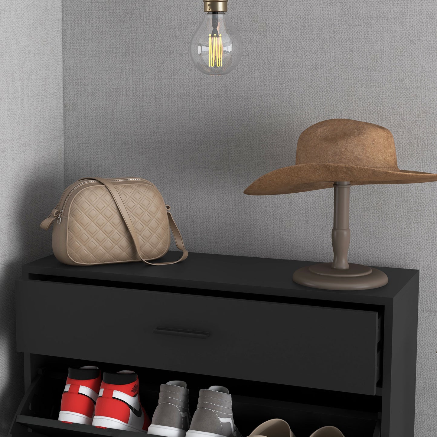 HOMCOM 3 Drawer Shoe Cabinet Cupboard with 2 Flip Doors, Sliding out Drawer and Adjustable Shelf for 12 Pairs of Shoes, Narrow Shoe Storage Organiser for Hallway, Entryway, Black