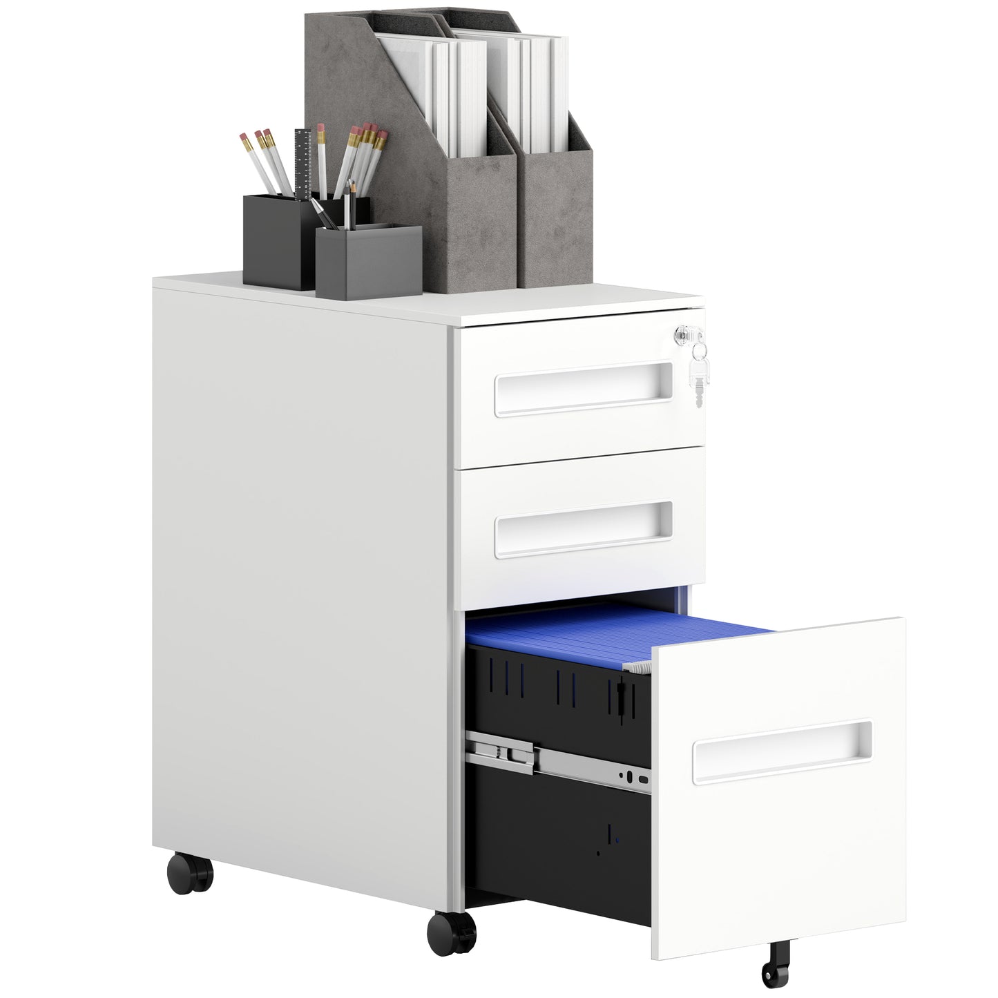 Vinsetto Metal Mobile File Cabinet with Wheels, Lockable 3 Drawer A4/Letter Under Desk Storage, Pre-Assembled, 30x43.5x60cm, White