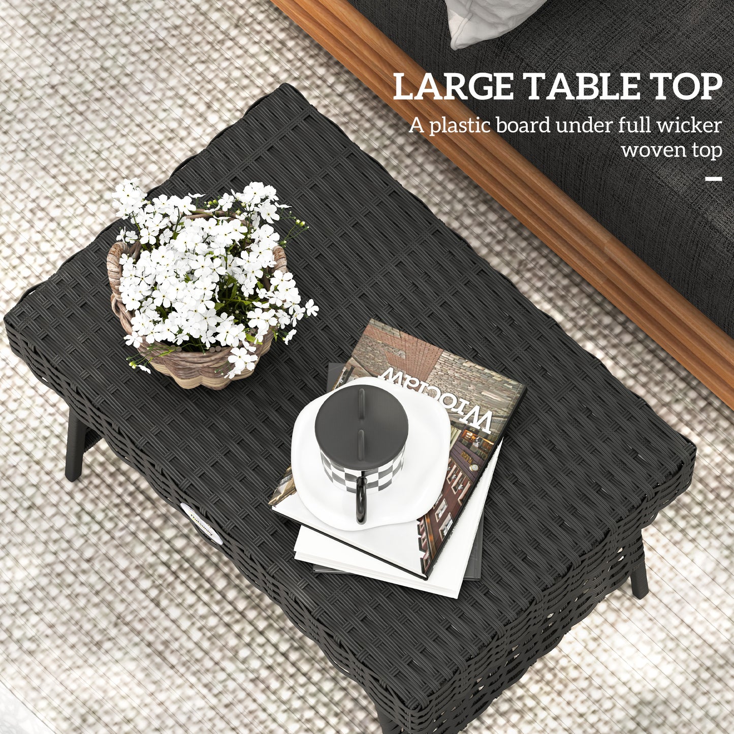 Outsunny Foldable Rattan Garden Coffee Table, Steel Frame, Space-Saving Patio/Balcony Furniture, 60x41x41 cm, Black