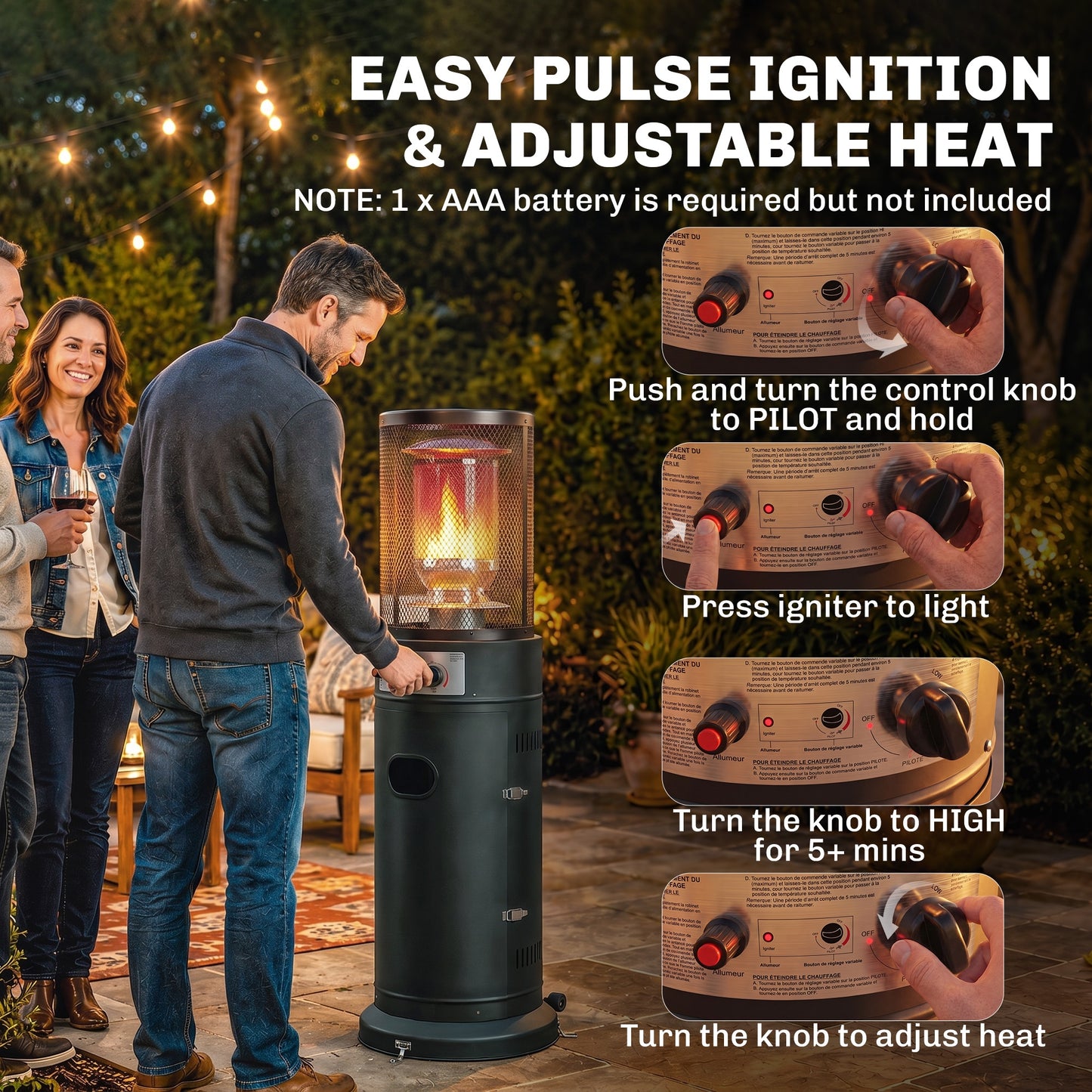 Outsunny Gas Patio Heater, 11 kW Portable Propane Outdoor Heater with Pulse Ignition, Protective Mesh, Tip-over Protection, Black