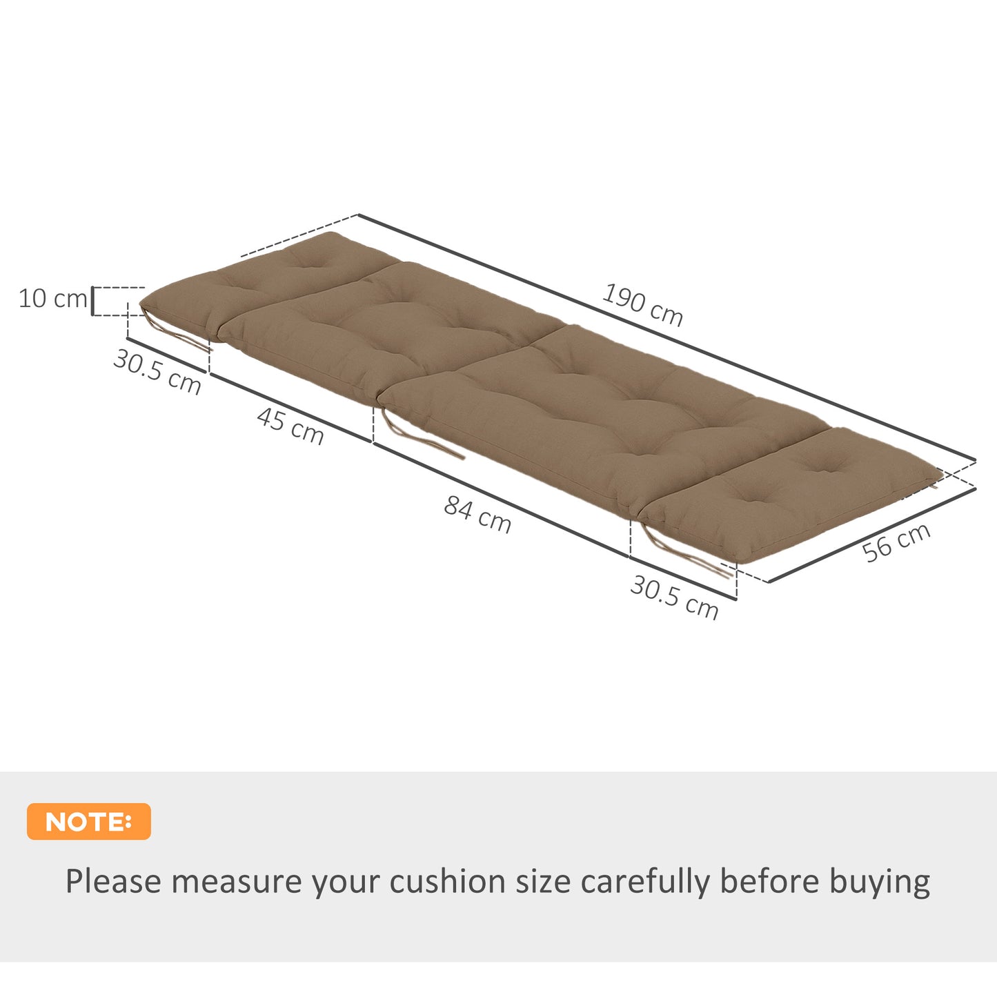 Outsunny Sun Lounger Cushions Set of 2, 190x56x10cm, UPF20+ Fabric, Thick Replacement with 6 Ties, Khaki