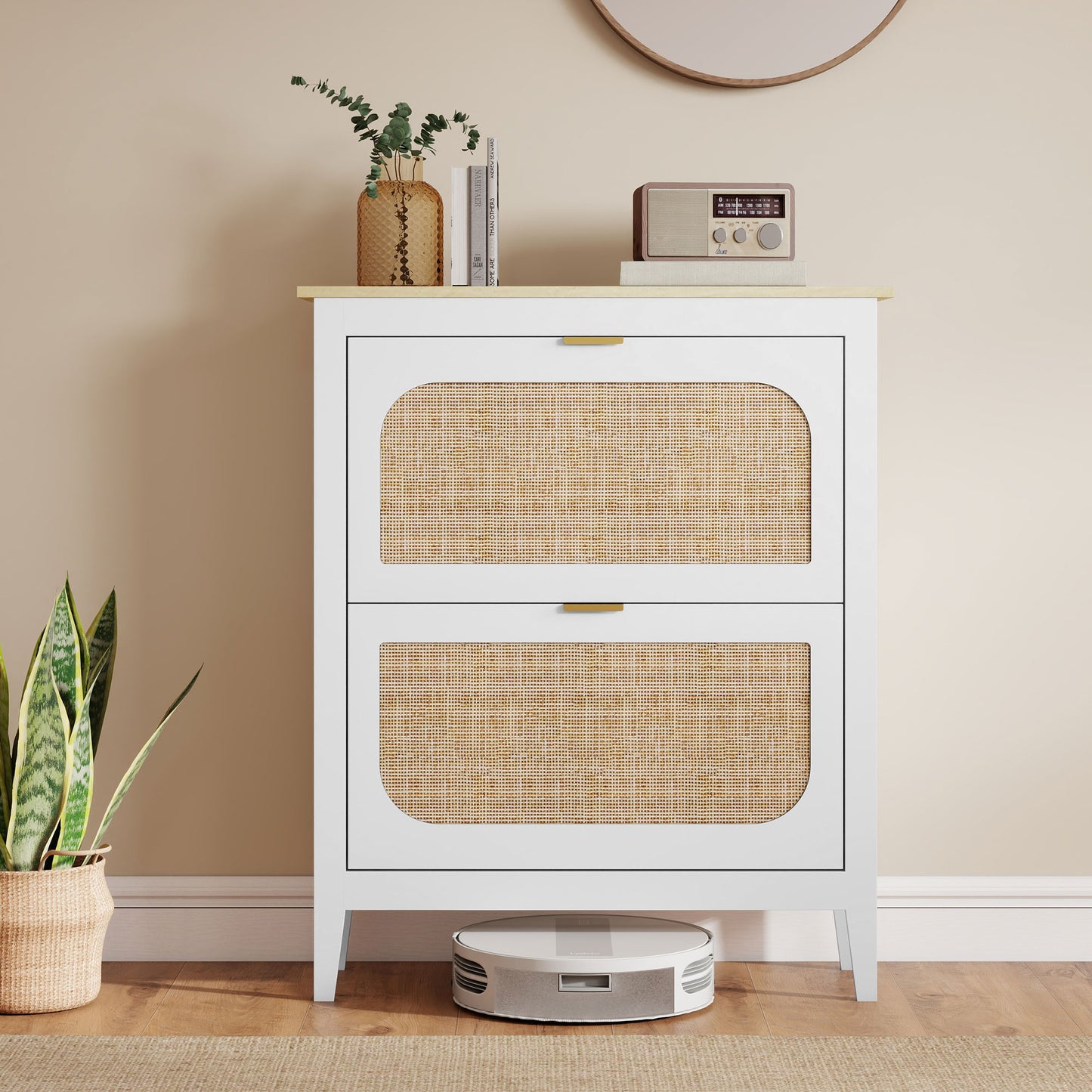 HOMCOM Shoe cabinet 14 pairs boho with 2 flip-down drawers, rattan cane-effect doors, 80 x 24 x 95.5 cm, White
