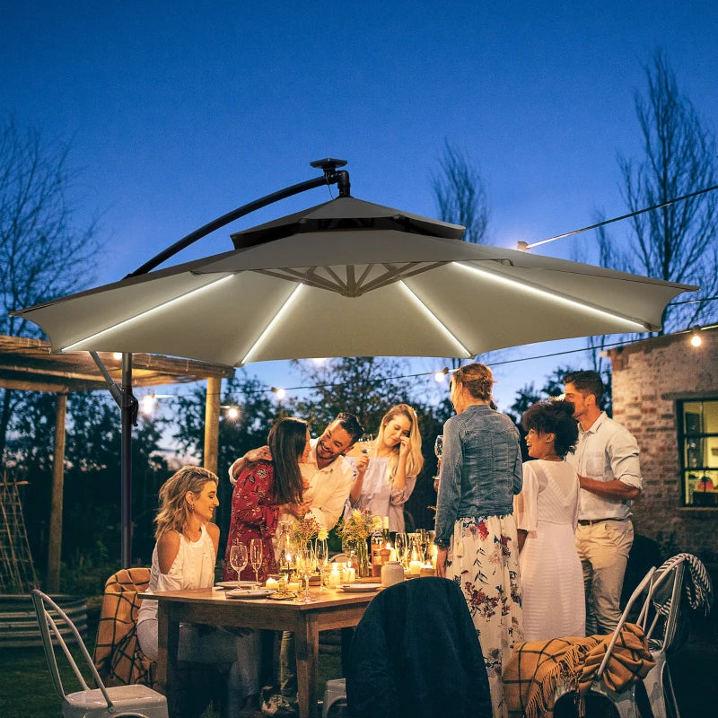 Outsunny 3m Cantilever Banana Parasol Hanging Umbrella with Double Roof, LED Solar lights, Crank, 8 Sturdy Ribs and Cross Base for Outdoor, Garden, Patio, Light Grey