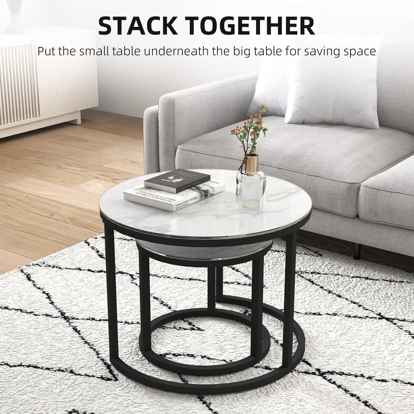 HOMCOM Glass Coffee Table Set, Round Marble-Effect Tempered Glass Top & Steel Frame, White