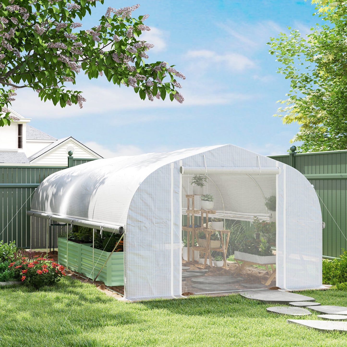 Outsunny 6 x 3 x 2m Walk-in Polytunnel Greenhouse, Zipped Roll Up Sidewalls, White