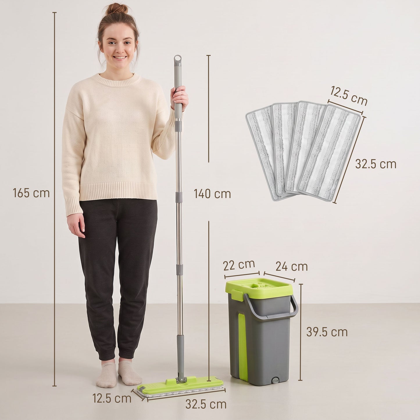 HOMCOM Mop and Bucket with Wringer Set, Flat Mop and Bucket with 2 Chambers, Rotating Head, Wet and Dry Use, Dark Grey