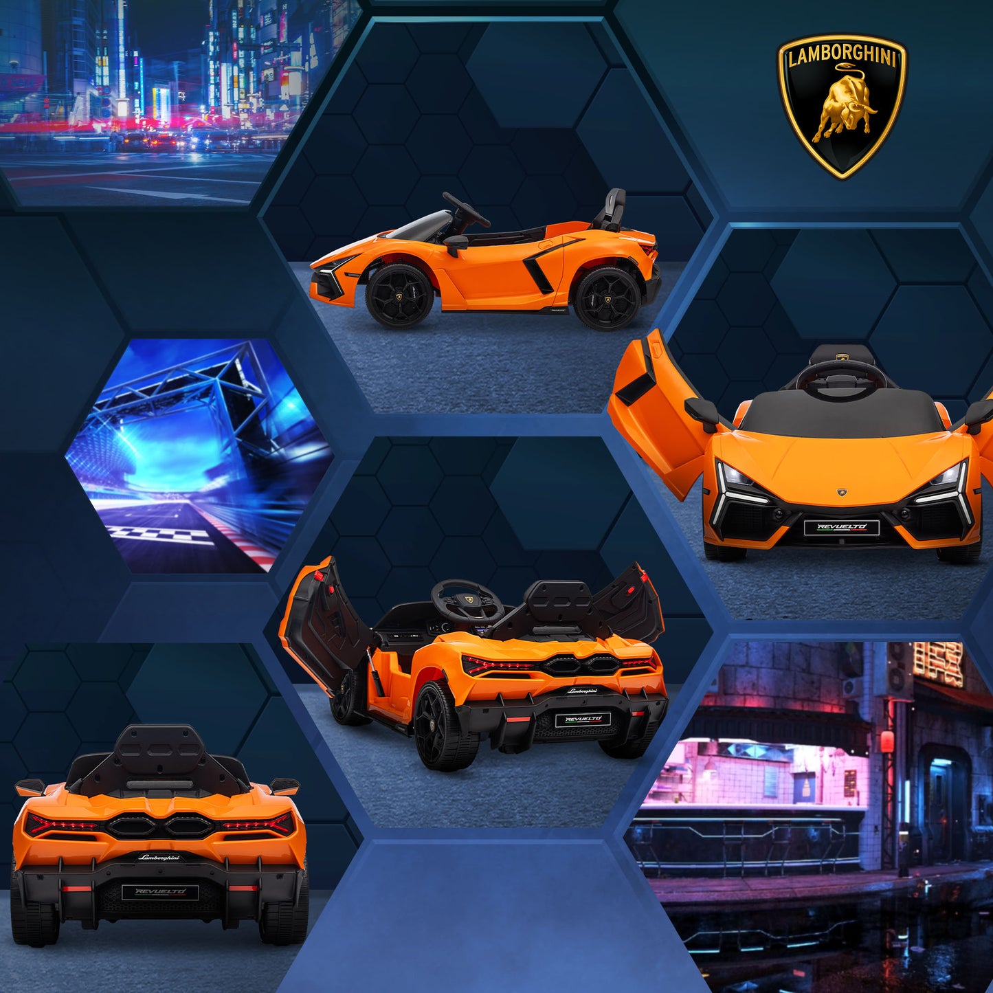 AIYAPLAY Lamborghini Revuelto Licensed 12V Ride on Car w/ Butterfly Doors Training Wheels, Suspension, Remote Control Orange