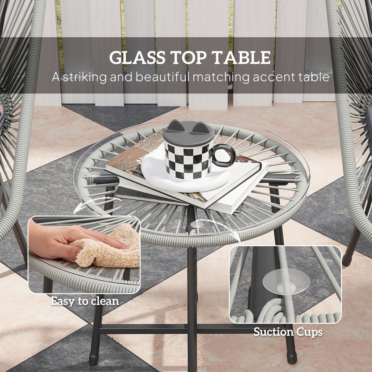 Outsunny 3-Piece Rattan Bistro Set, Garden Table & Chairs with Cushions, Glass Top, Light Grey