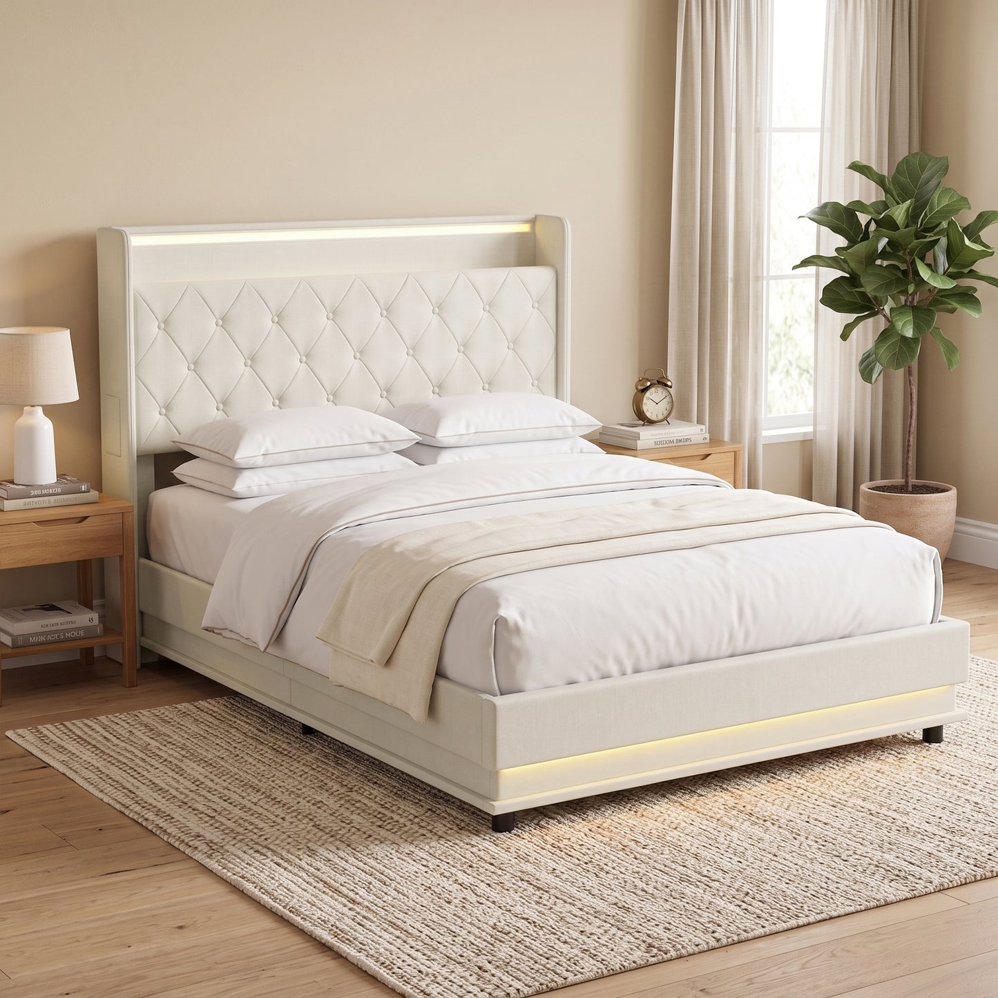 HOMCOM 4ft6 Double Bed Frame with Headboard, Platform Bed Frame with Hydraulic Storage, LED Lights and Charging Station, Cream