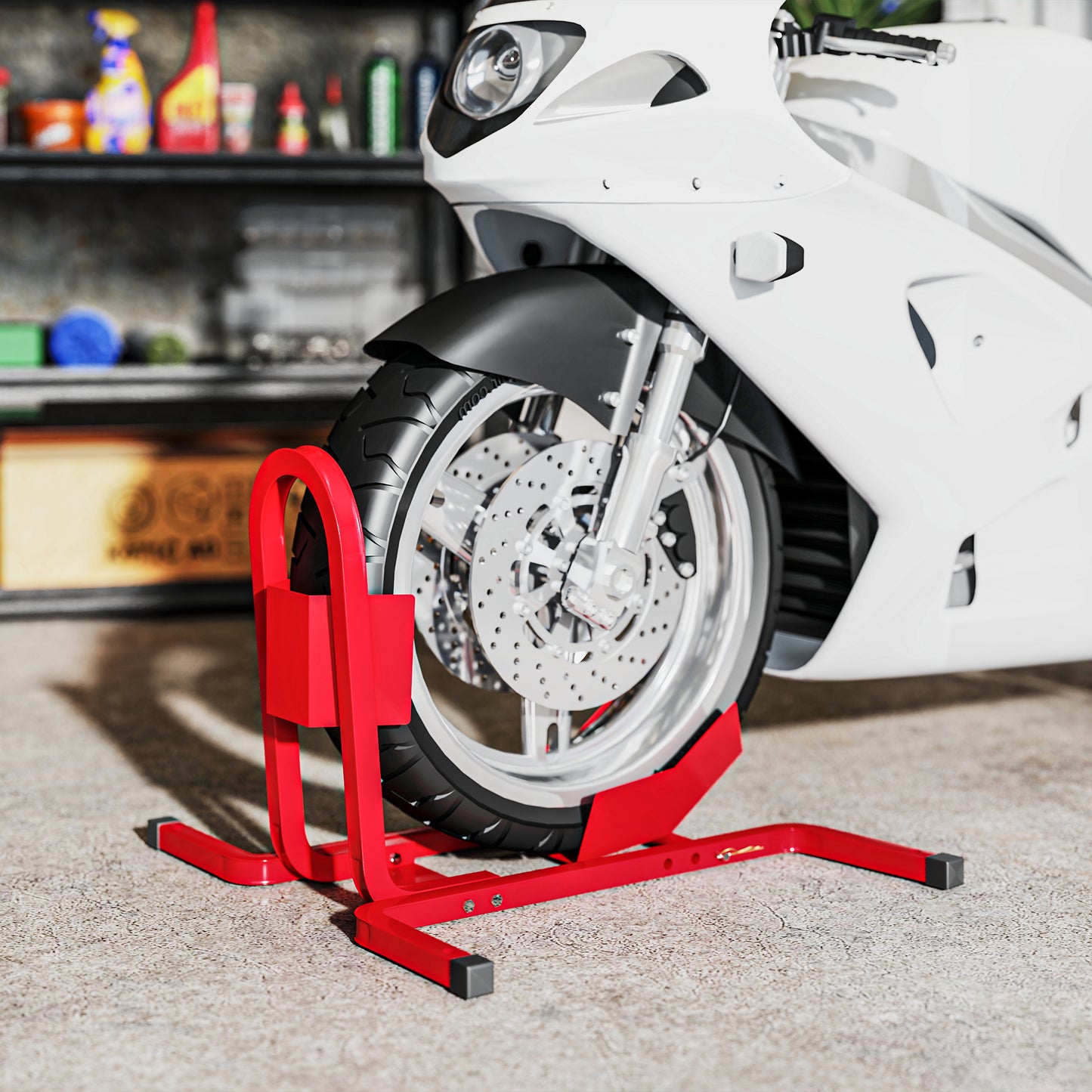 HOMCOM Motorcycle Wheel Chock Stand, Steel Adjustable Tyre Holder for 17", 19", 21" Front Wheels, Black