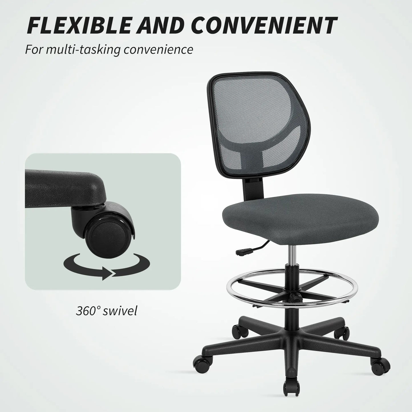 Vinsetto Ergonomic Mesh Standing Desk Chair with Adjustable Footrest Ring and Seat Height Charcoal Grey
