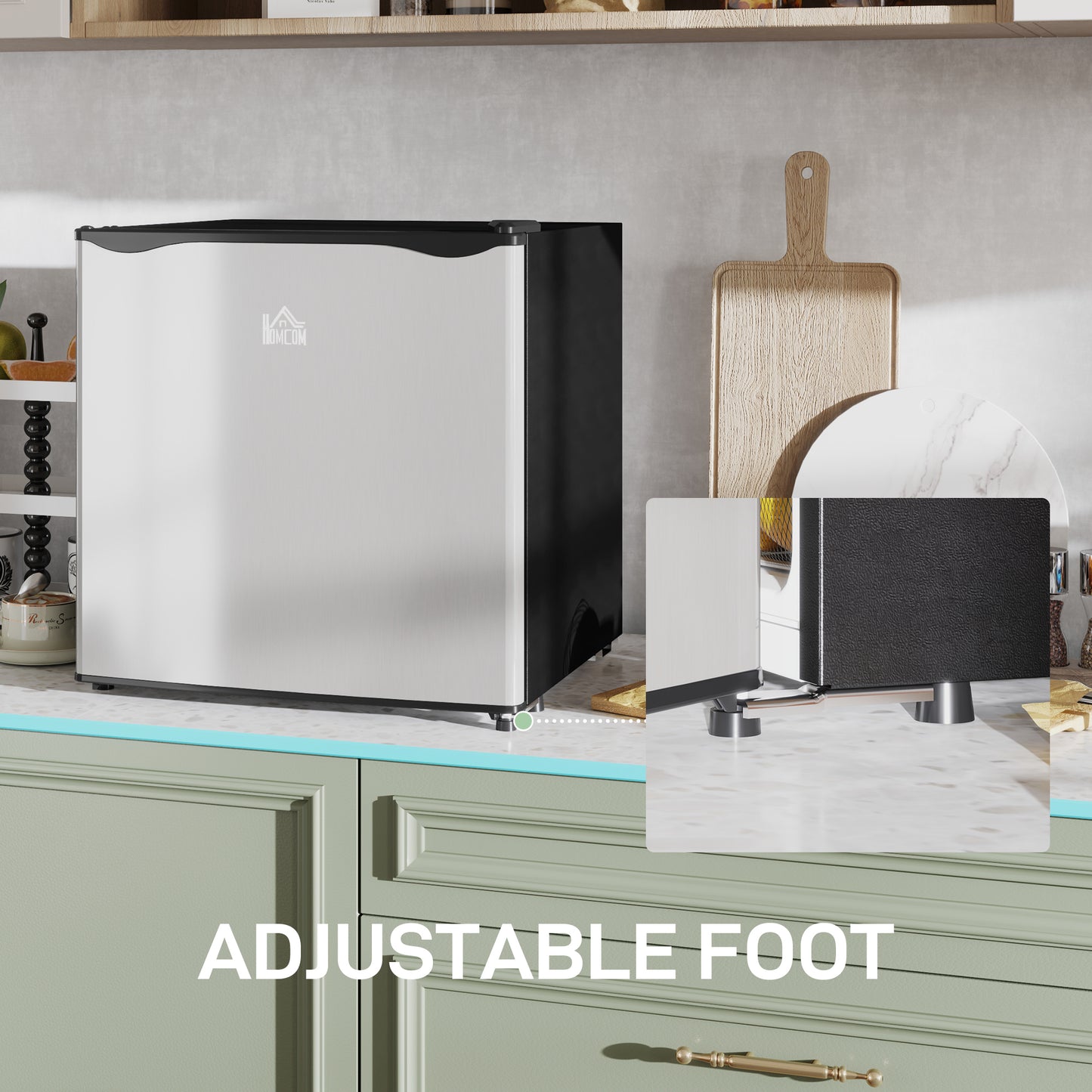 HOMCOM 46L Table Top Mini Fridge with Ice Box, Reversible Door, Adjustable Temp and Legs for Bedrooms/Home Office, Silver Tone