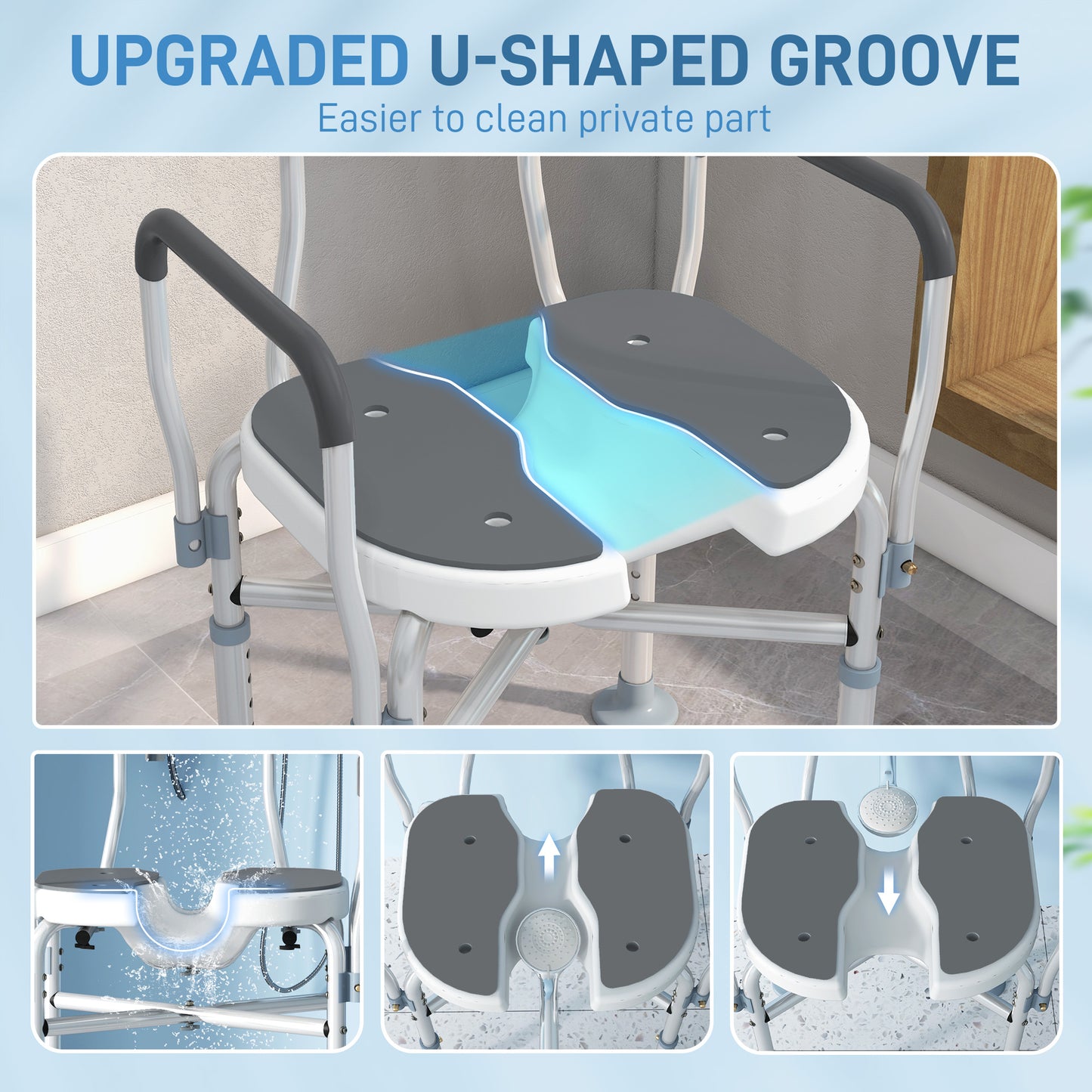 HOMCOM Shower Chair, Upgraded U-shaped Seat, Height Adjustable, Non-slip Feet, Tool-Free, Grey