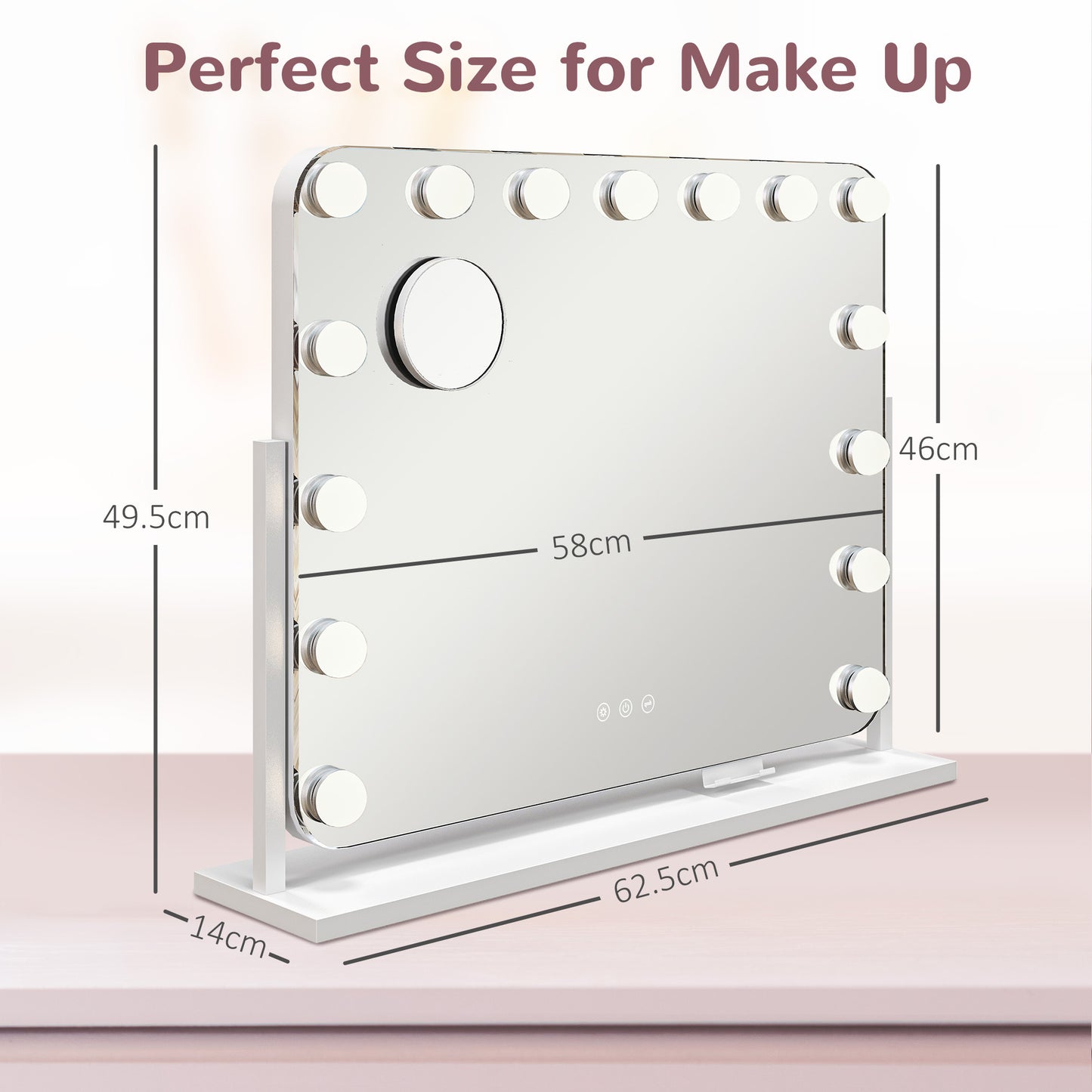 HOMCOM 63x50cm Hollywood Vanity Mirror, 14 LED Bulbs, 3 Colours, USB Port, Touch Screen