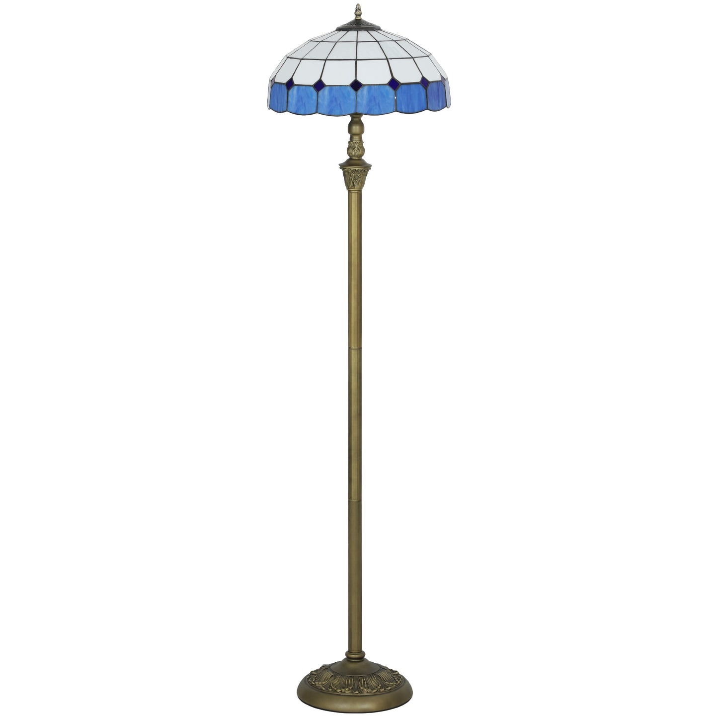 HOMCOM Tiffany-Style Floor Lamp, 152cm Vintage Standing Lamp with Stained Glass Shade & Foot Switch, Dual Sockets, Bronze Tone and Blue