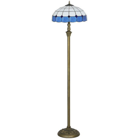 HOMCOM Tiffany-Style Floor Lamp, 152cm Vintage Standing Lamp with Stained Glass Shade & Foot Switch, Dual Sockets, Bronze Tone and Blue