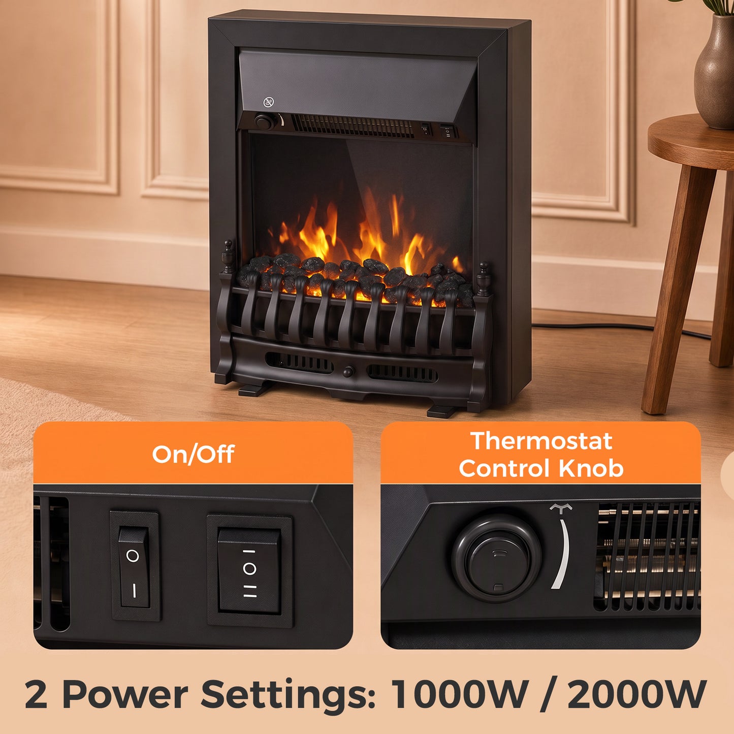 HOMCOM Electric Fireplace Stove Freestanding/ Inset, 1000W/2000W, Electric Fire Heater with LED Flame Effect, Coal Logs, Black