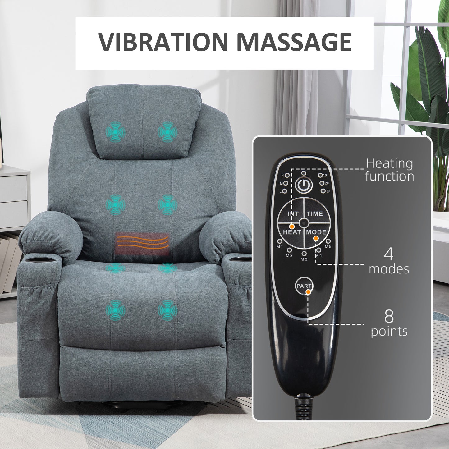HOMCOM Lift Chair Quick Assembly Riser and Recliner Chair with Vibration Massage Heat Cup Holders Charcoal Grey