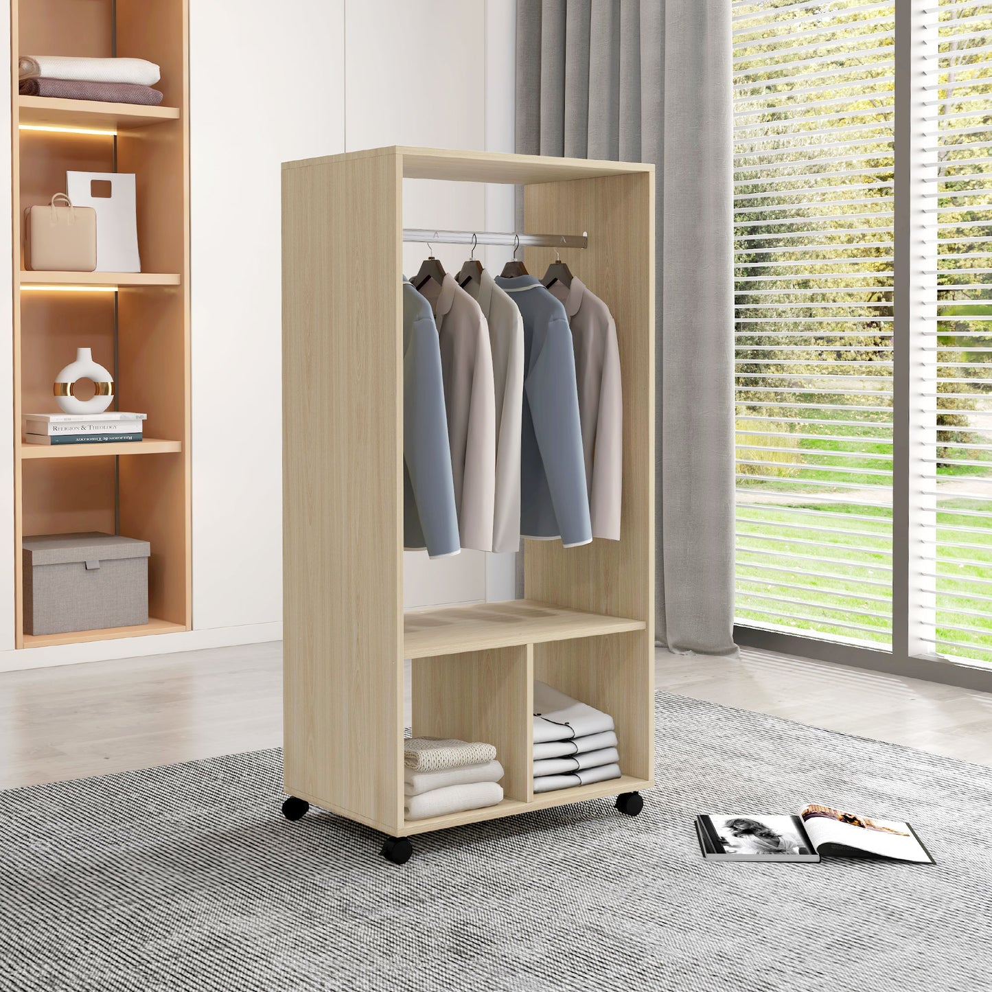 HOMCOM Wardrobe with shelf, 2 compartments and hanging rail, 4 swivel casters dim. 60L x 40W x 128H cm natural wood