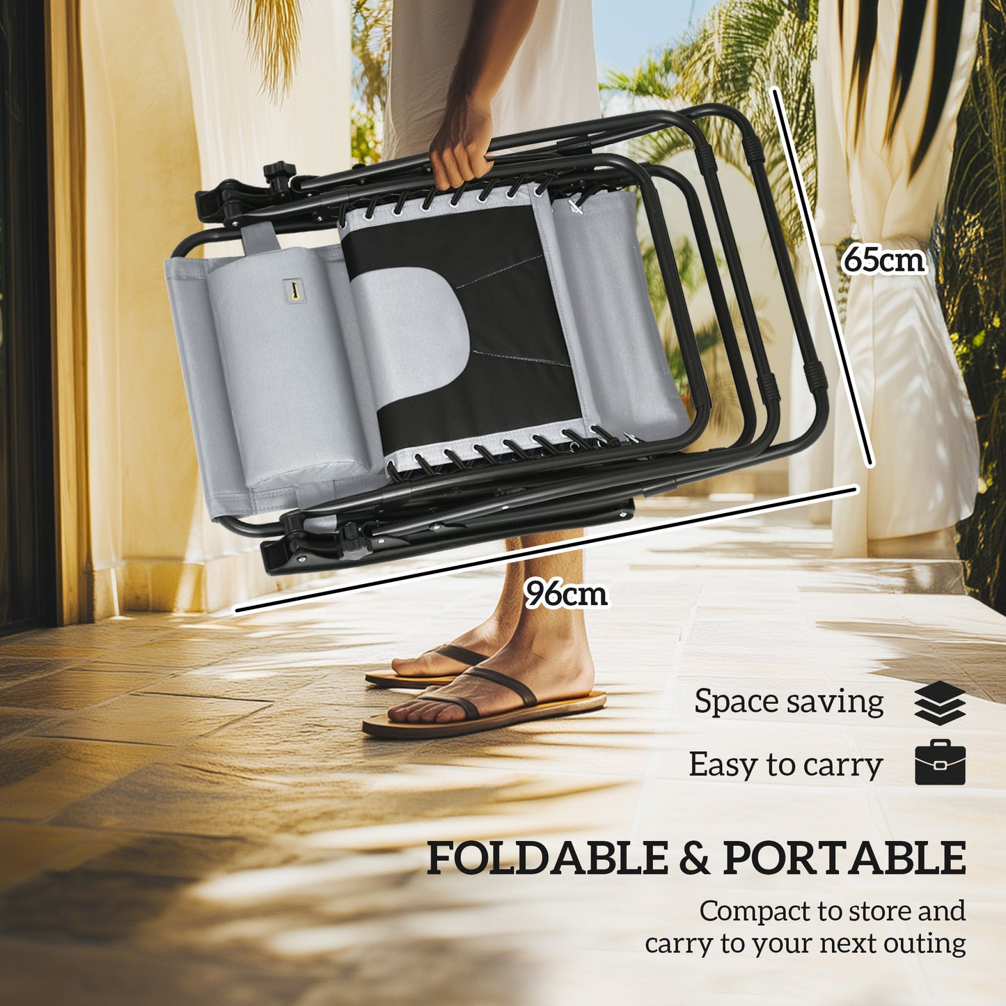 Outsunny Set of 2 Zero Gravity Lounger Chairs, Folding Recliners with Shade, Cup Holder, Cushion, Light Grey