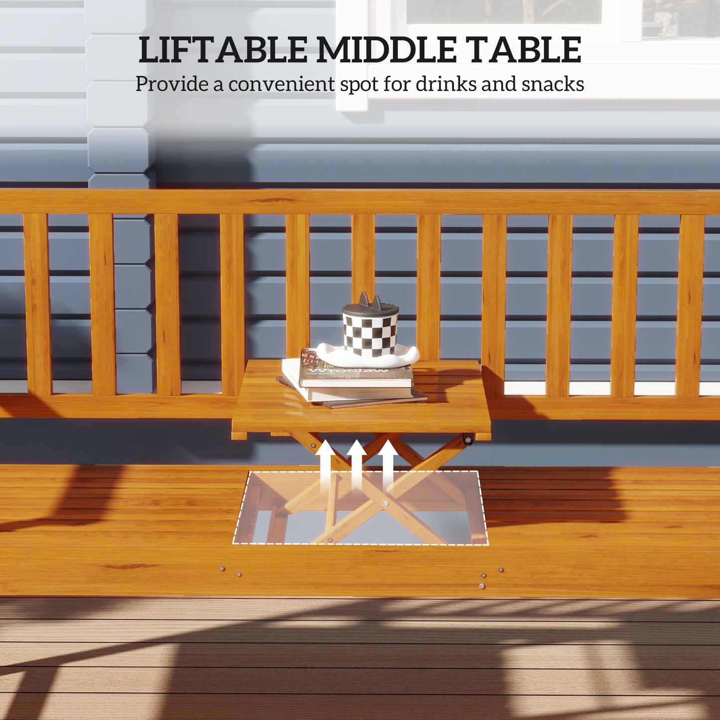 Outsunny Wooden Bench with Liftable Middle Table, Outdoor Bench, Patio Loveseat for Porch, Garden, Seats 2-3 People