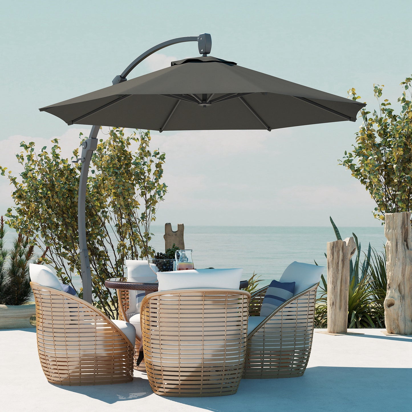 Outsunny Garden Cantilever Parasol, Round Umbrella with Crank, Cross Base, Aluminium Frame, 360° Rotation for Outdoor Sun Shade, Grey