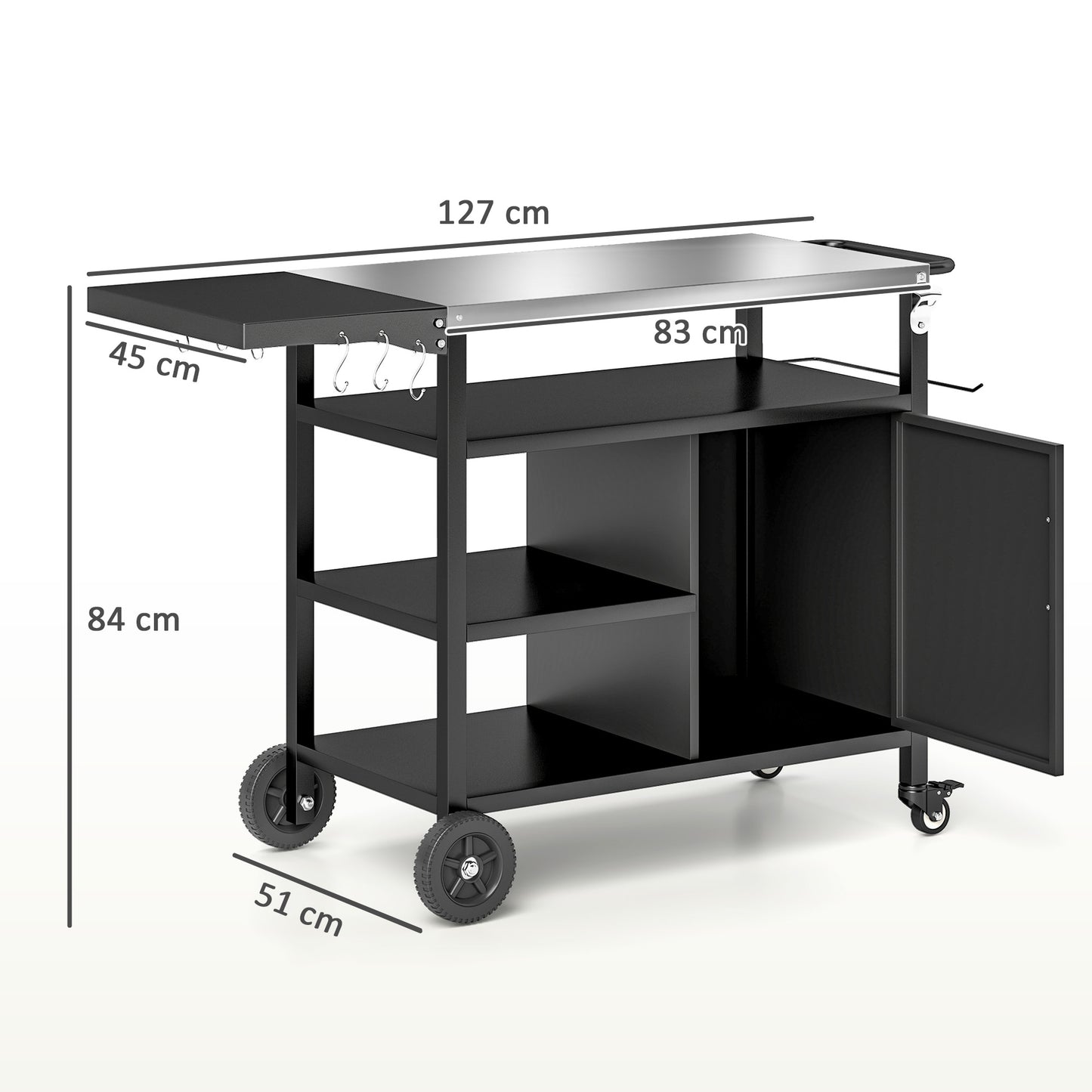 Outsunny Outdoor BBQ Trolley, Stainless Steel Top, Foldable Side Table, Wheels, Hooks, Shelves, Cabinet, Pizza Oven Table, Cover, Black