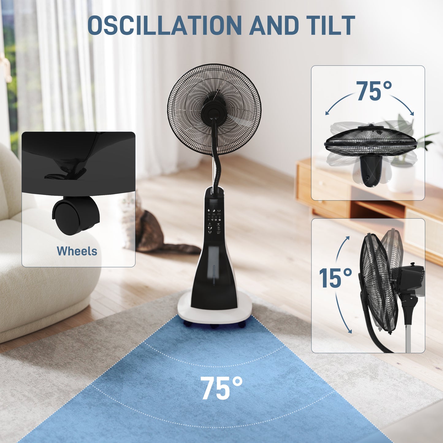HOMCOM Pedestal Fan with Water Mist, 75° Oscillation, Tilt Head, 3 Speeds, 3 Modes, 3L Tank, Wheels, 125 cm, for Home, White