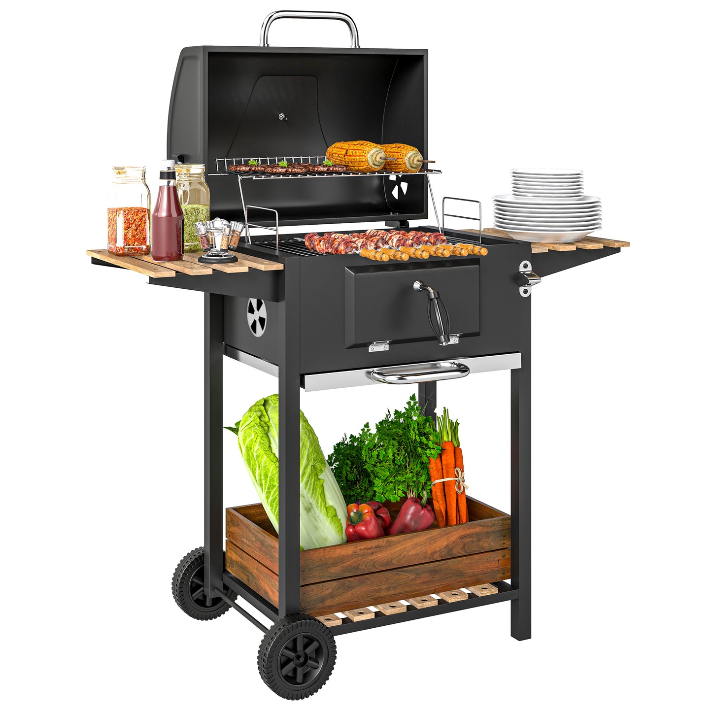 Outsunny Charcoal BBQ Grill, Portable Smoker with Adjustable Pan, Warming Rack, 3 Shelves, Temp Gauge, Wheels, Bottle Opener - Black