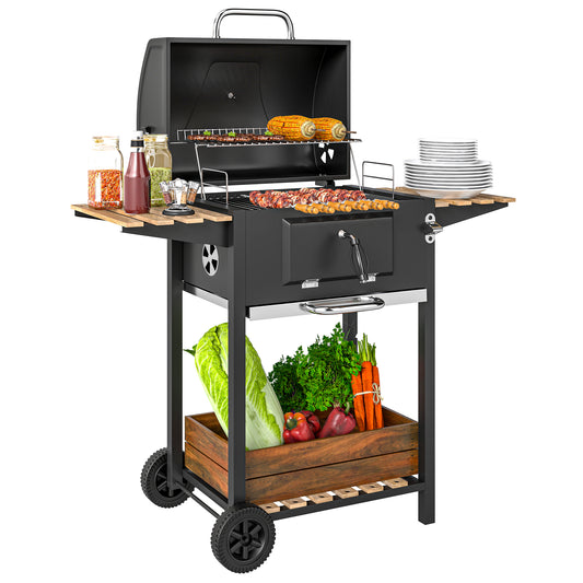 Outsunny Charcoal BBQ Grill, Portable Smoker with Adjustable Pan, Warming Rack, 3 Shelves, Temp Gauge, Wheels, Bottle Opener - Black